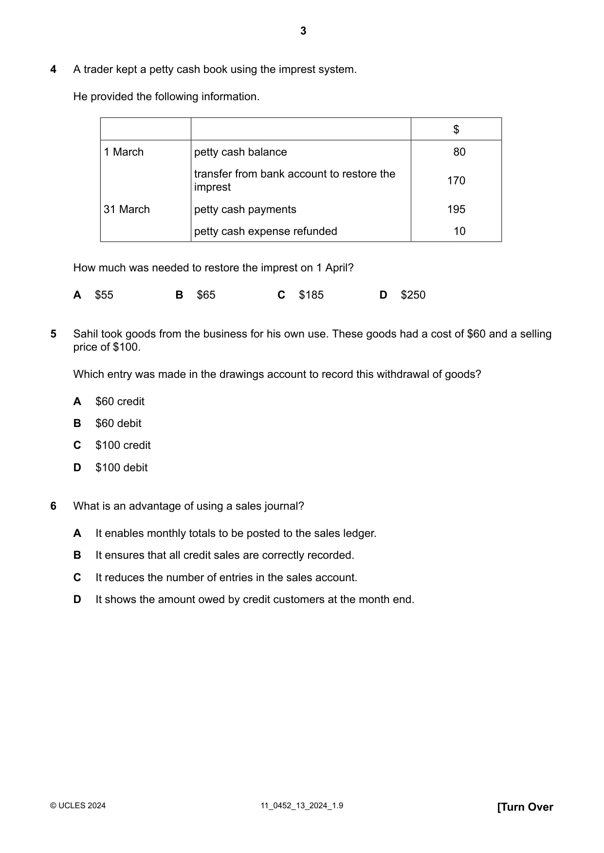 Cambridge IGCSE Accounting 0452 2024 Oct/Nov Paper 1 · Variant 3 question paper, page 3 of 12