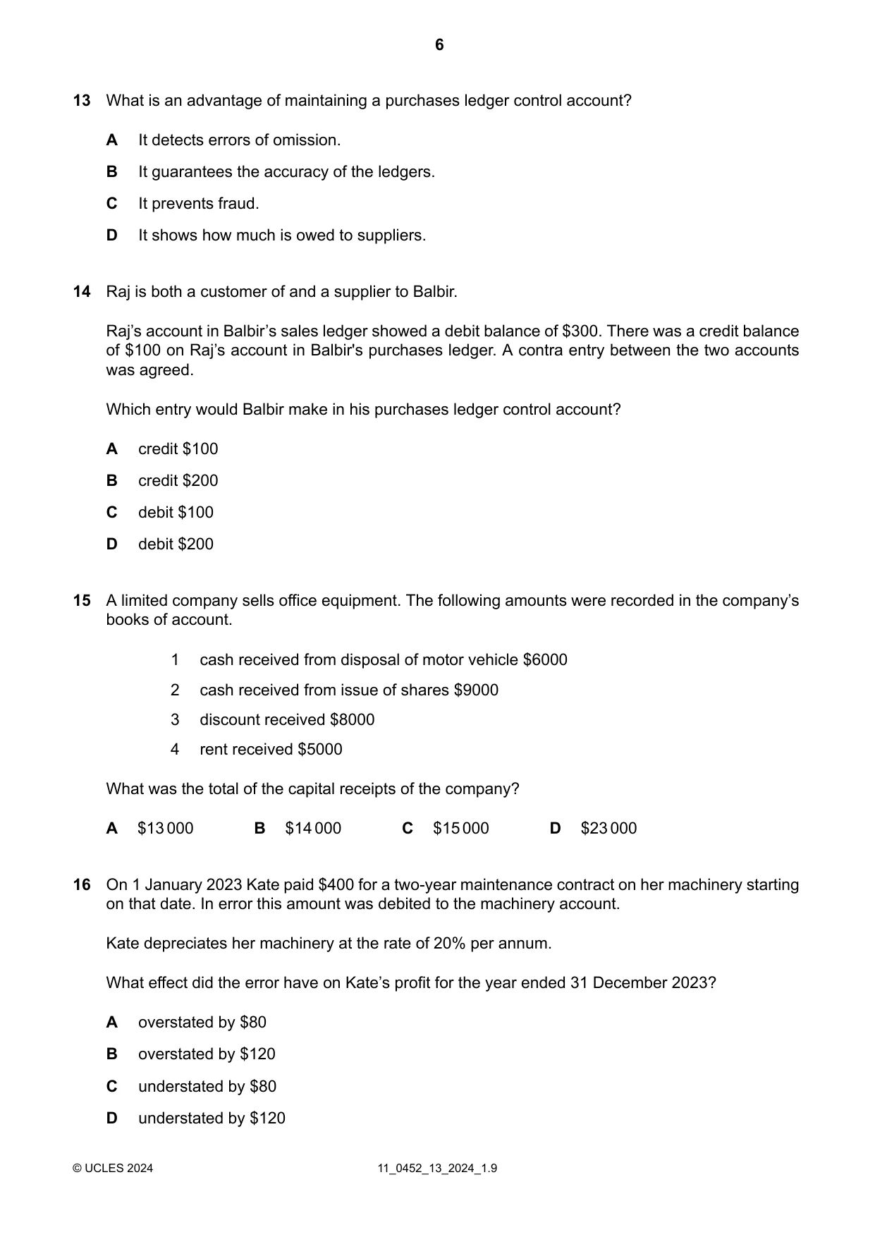 Cambridge IGCSE Accounting 0452 2024 Oct/Nov Paper 1 · Variant 3 question paper, page 6 of 12