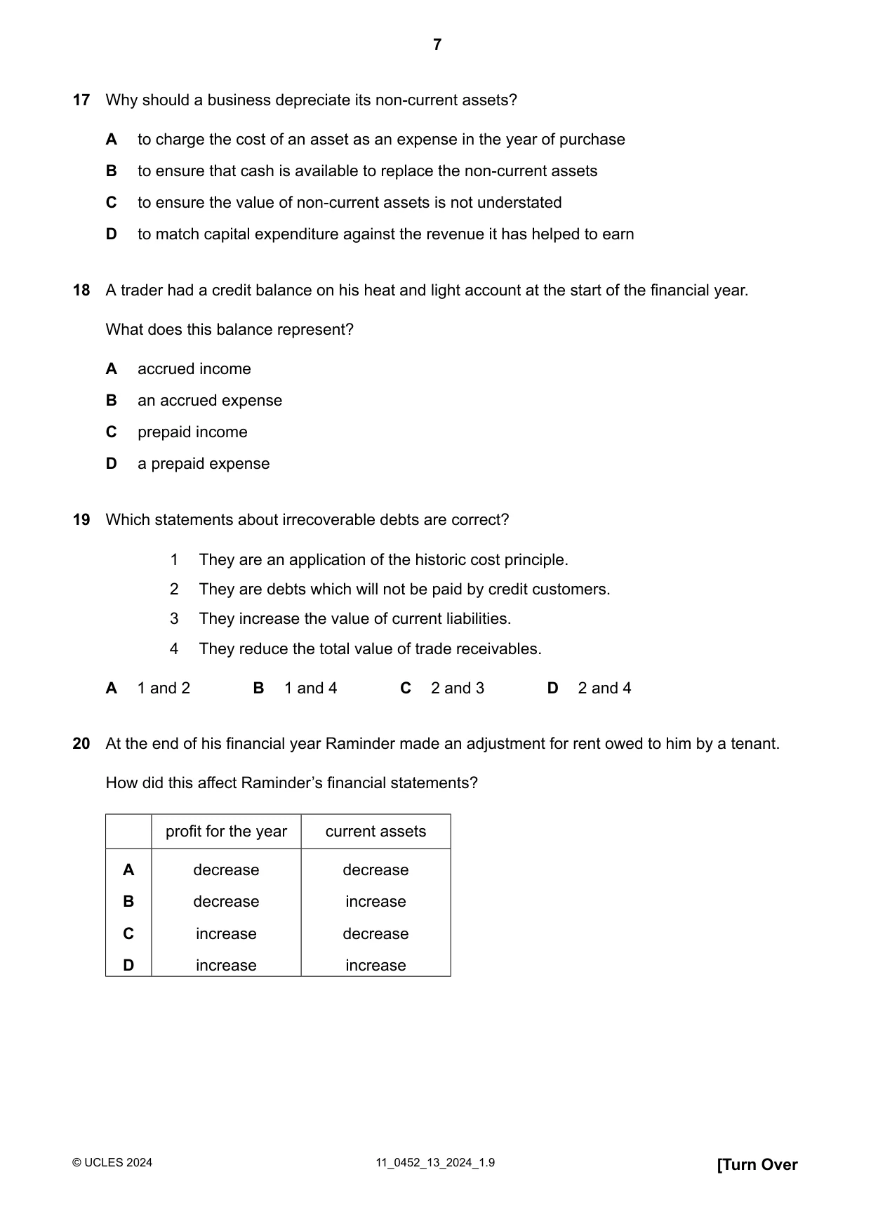 Cambridge IGCSE Accounting 0452 2024 Oct/Nov Paper 1 · Variant 3 question paper, page 7 of 12