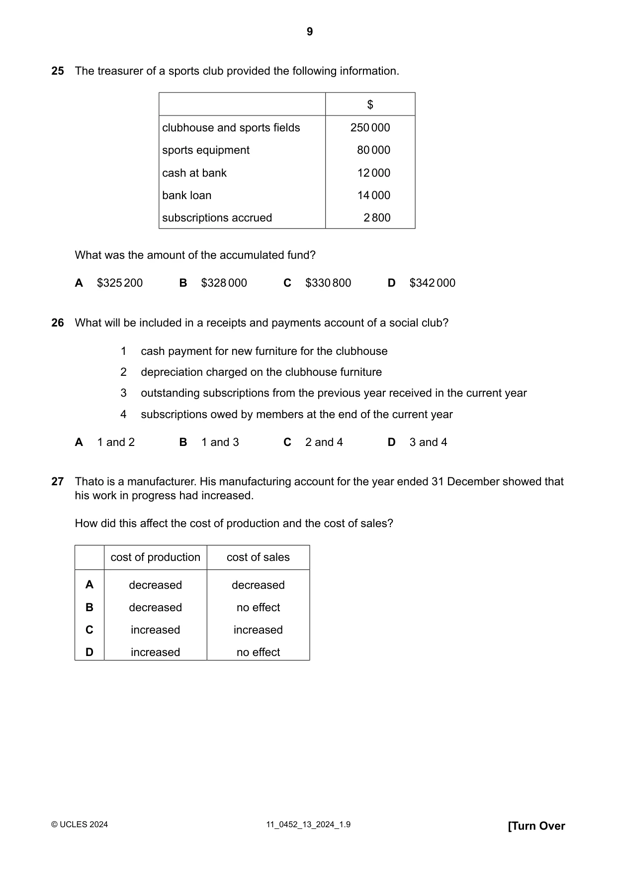 Cambridge IGCSE Accounting 0452 2024 Oct/Nov Paper 1 · Variant 3 question paper, page 9 of 12