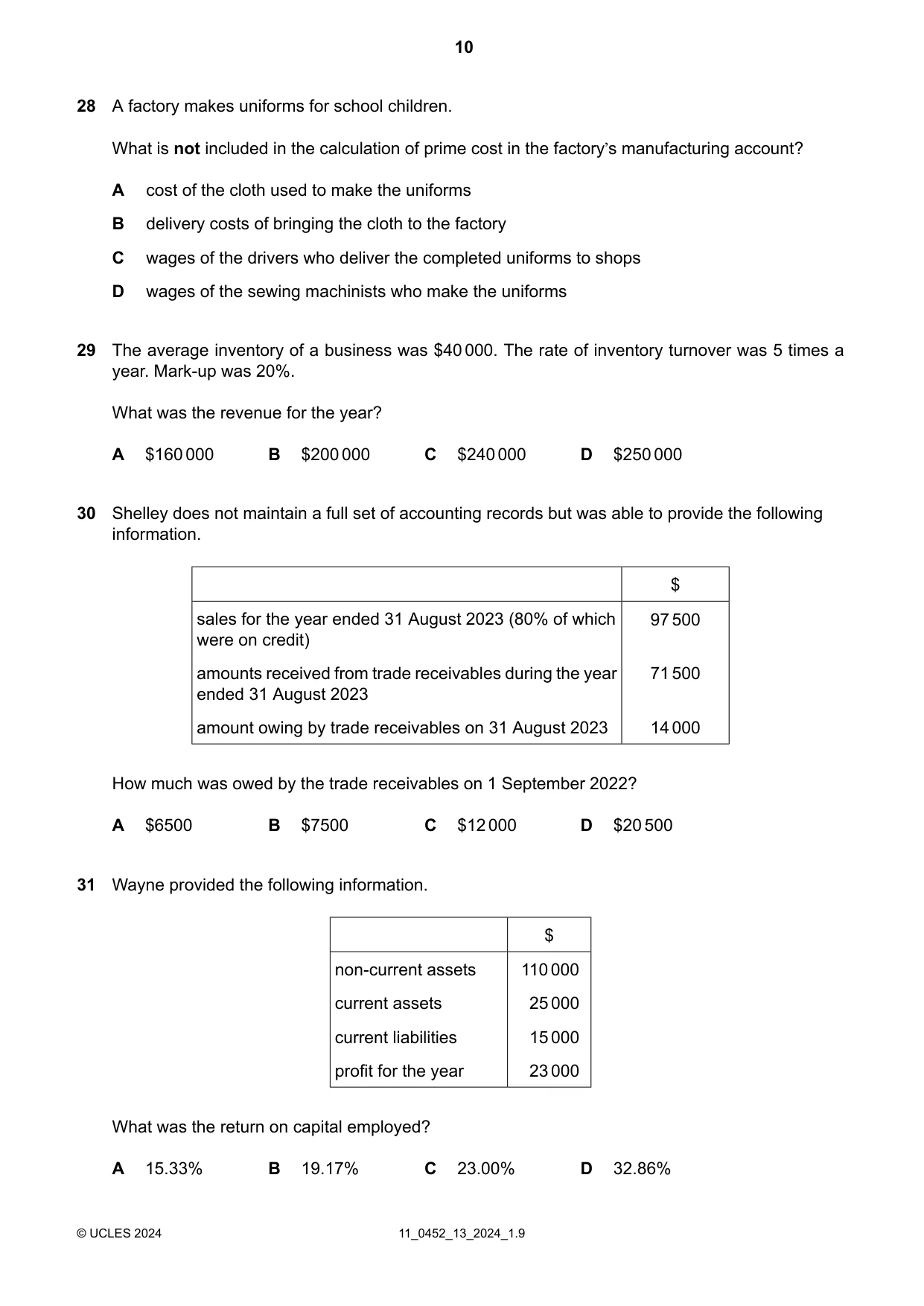 Cambridge IGCSE Accounting 0452 2024 Oct/Nov Paper 1 · Variant 3 question paper, page 10 of 12