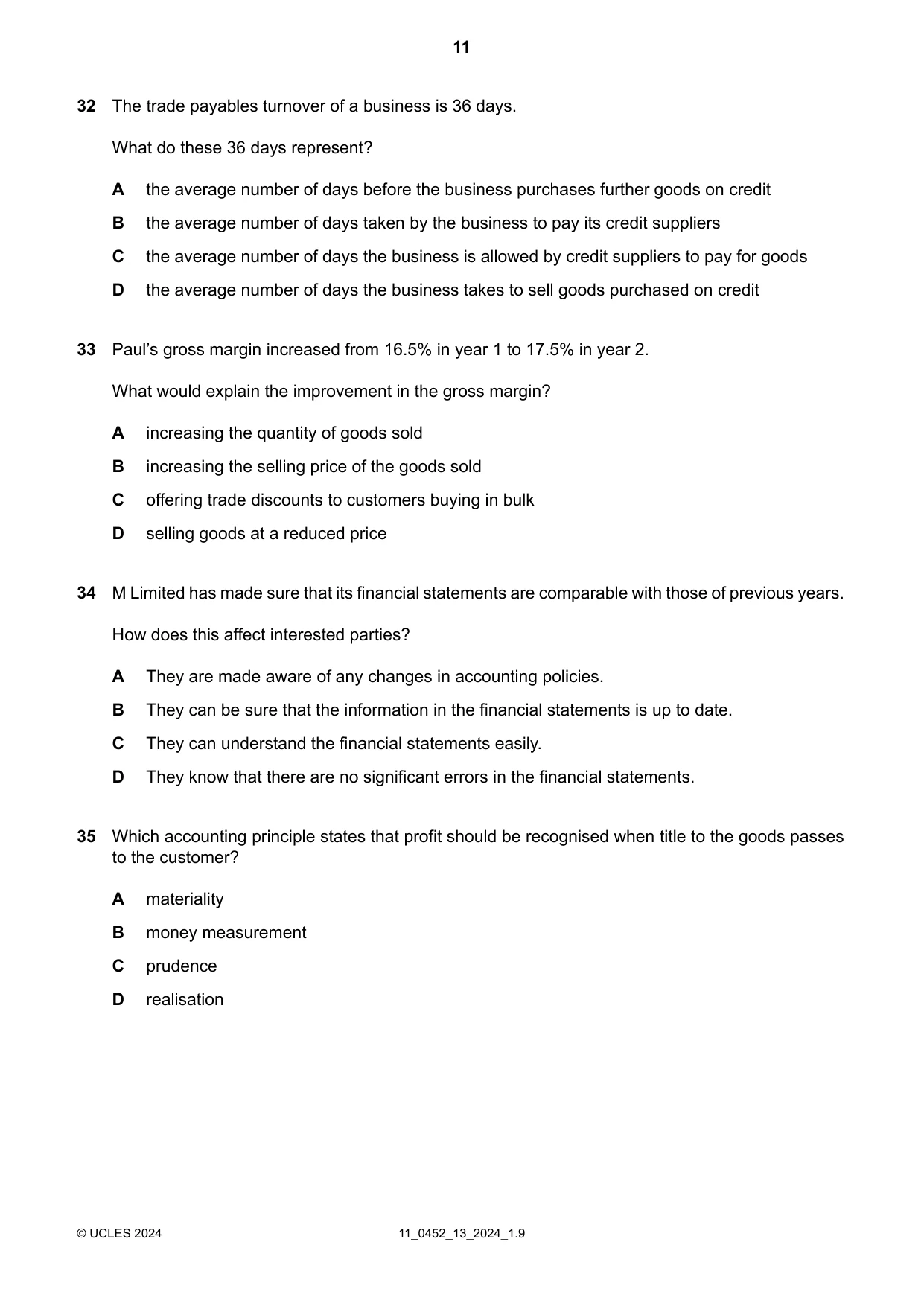 Cambridge IGCSE Accounting 0452 2024 Oct/Nov Paper 1 · Variant 3 question paper, page 11 of 12
