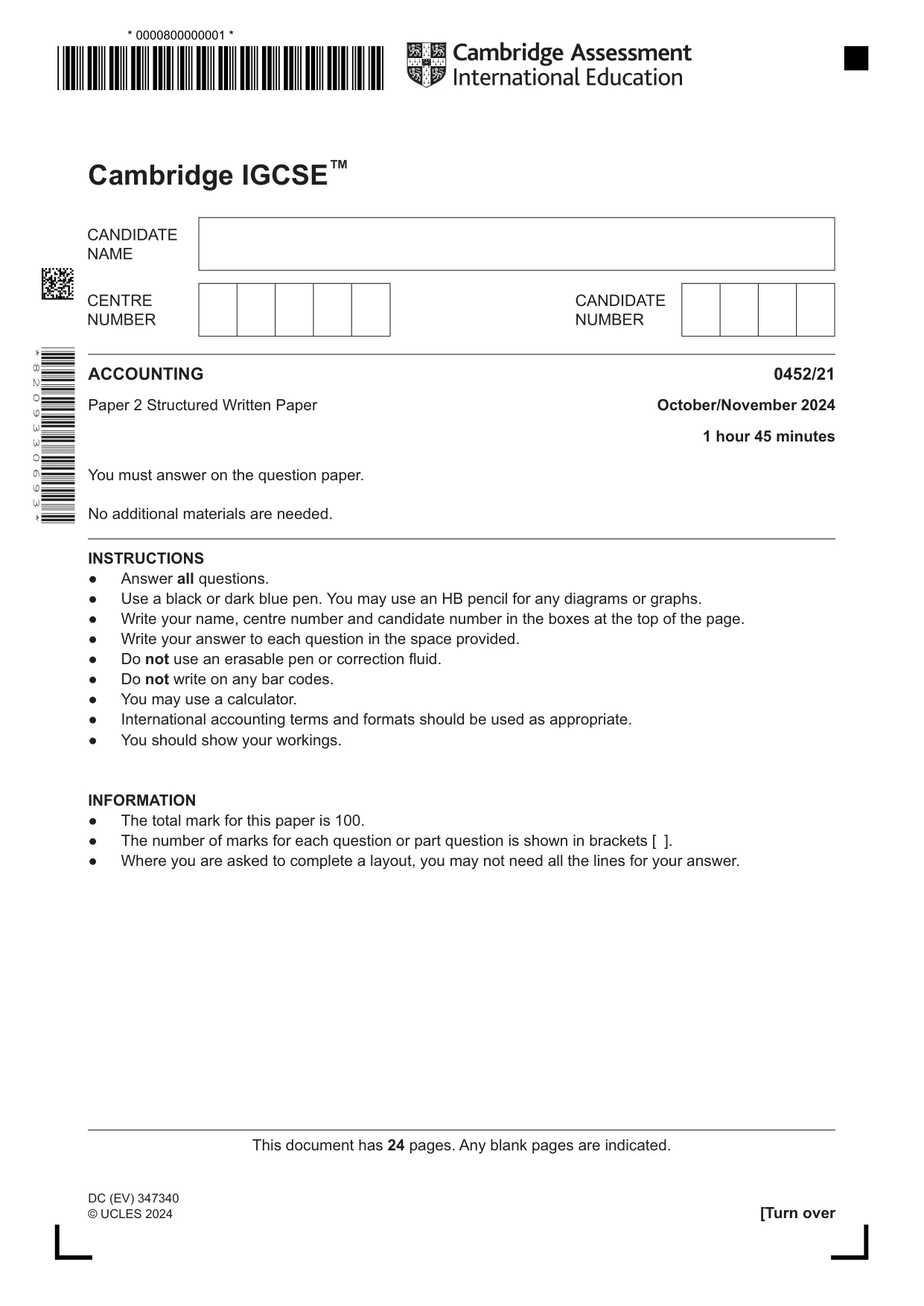 Cambridge IGCSE Accounting 0452 2024 Oct/Nov Paper 2 · Variant 1 question paper, page 1 of 24