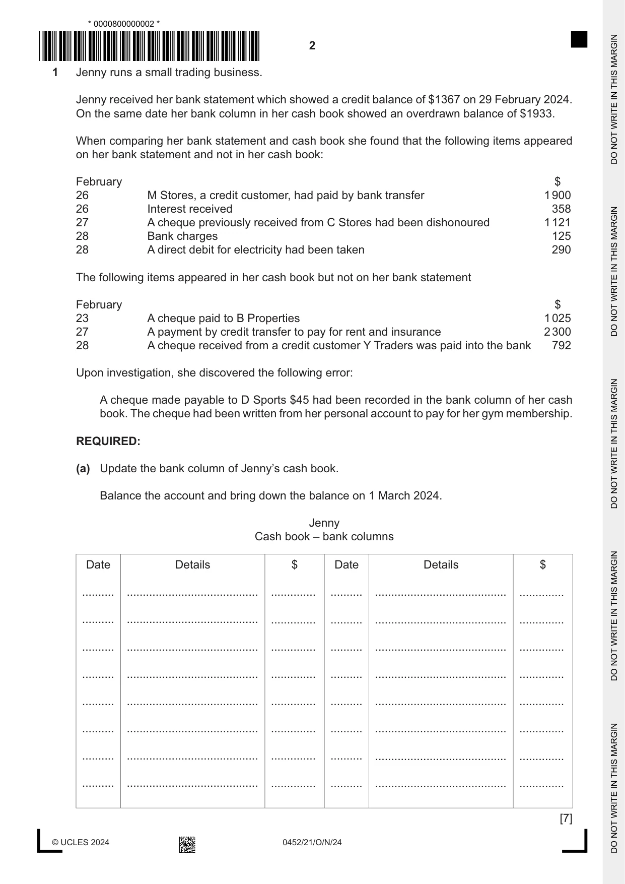 Cambridge IGCSE Accounting 0452 2024 Oct/Nov Paper 2 · Variant 1 question paper, page 2 of 24