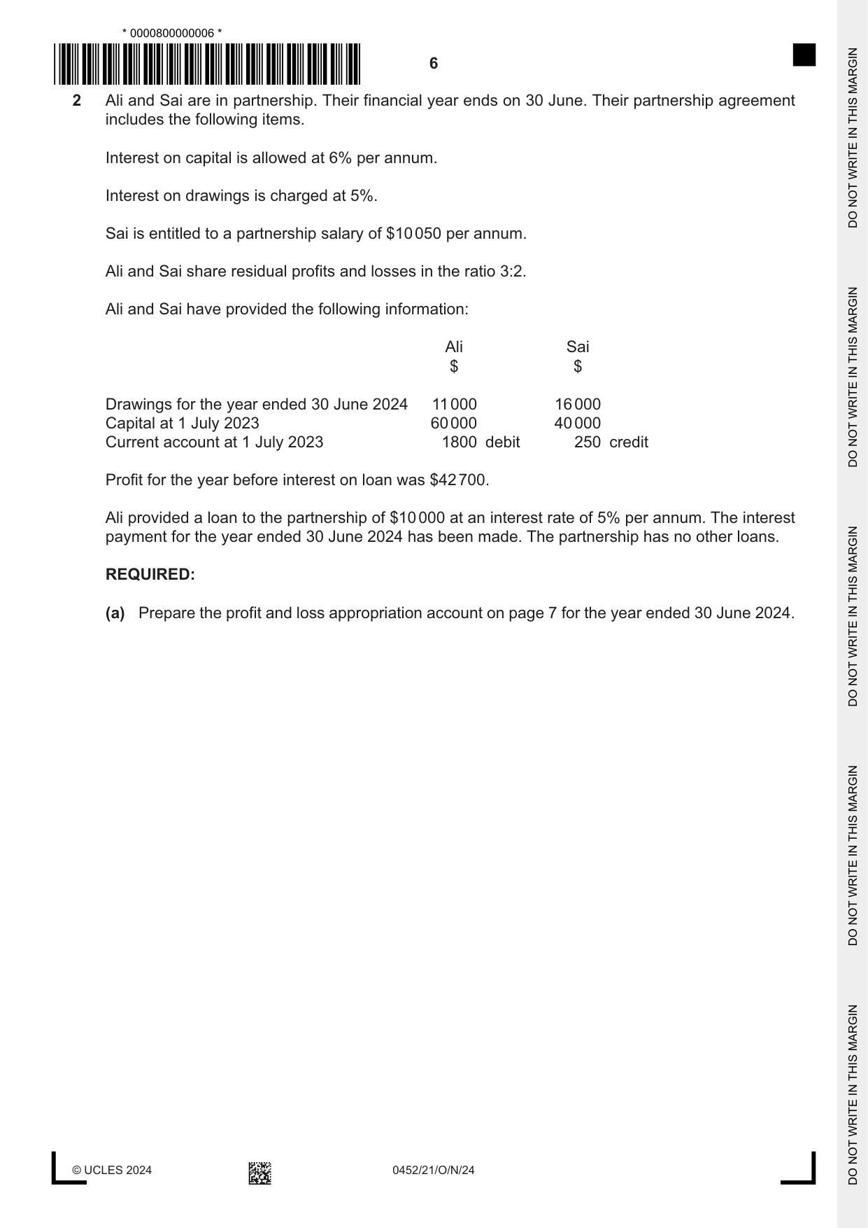 Cambridge IGCSE Accounting 0452 2024 Oct/Nov Paper 2 · Variant 1 question paper, page 6 of 24