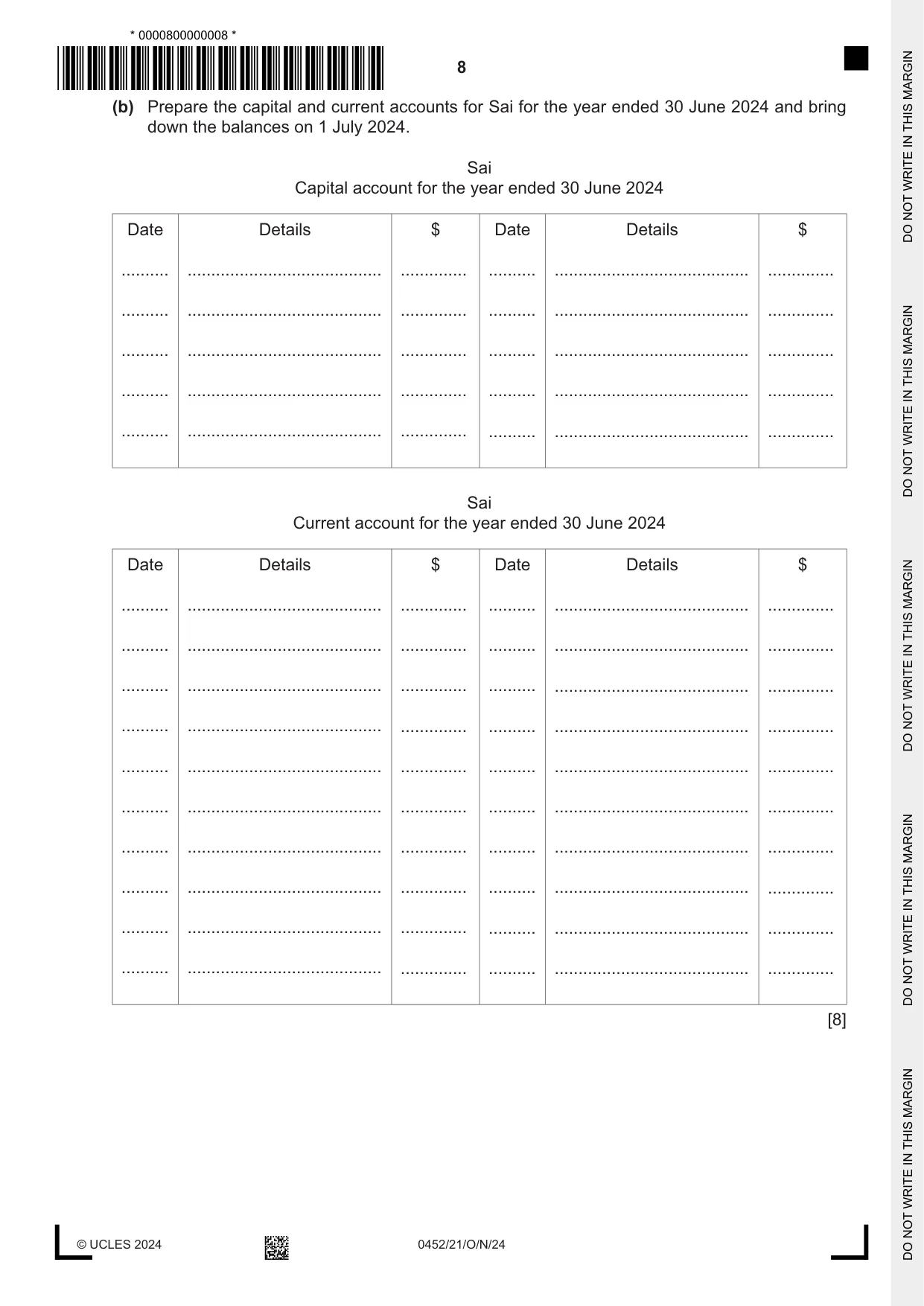 Cambridge IGCSE Accounting 0452 2024 Oct/Nov Paper 2 · Variant 1 question paper, page 8 of 24