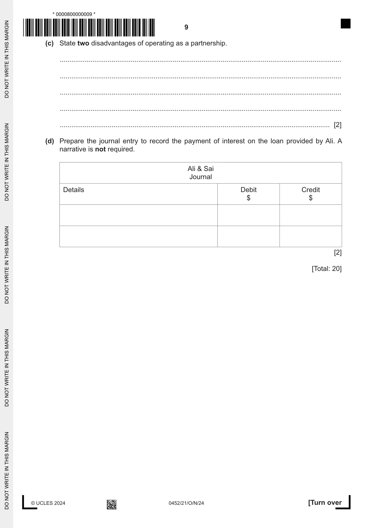 Cambridge IGCSE Accounting 0452 2024 Oct/Nov Paper 2 · Variant 1 question paper, page 9 of 24