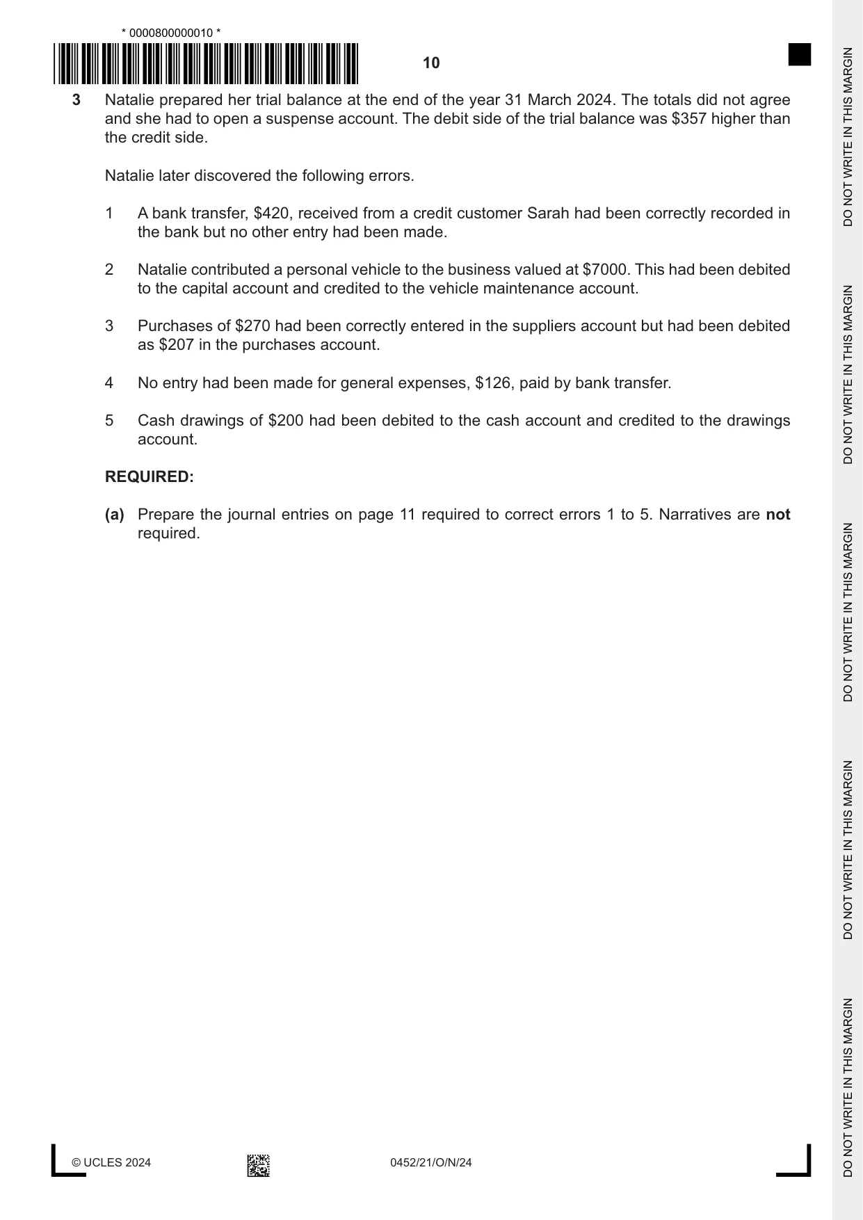 Cambridge IGCSE Accounting 0452 2024 Oct/Nov Paper 2 · Variant 1 question paper, page 10 of 24