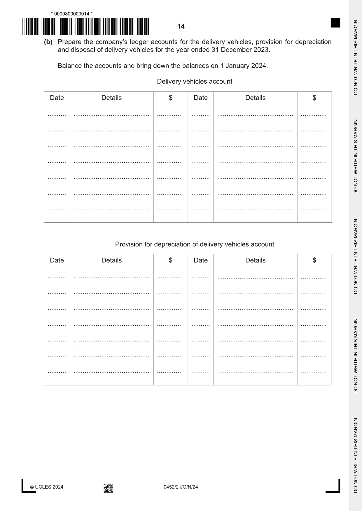 Cambridge IGCSE Accounting 0452 2024 Oct/Nov Paper 2 · Variant 1 question paper, page 14 of 24