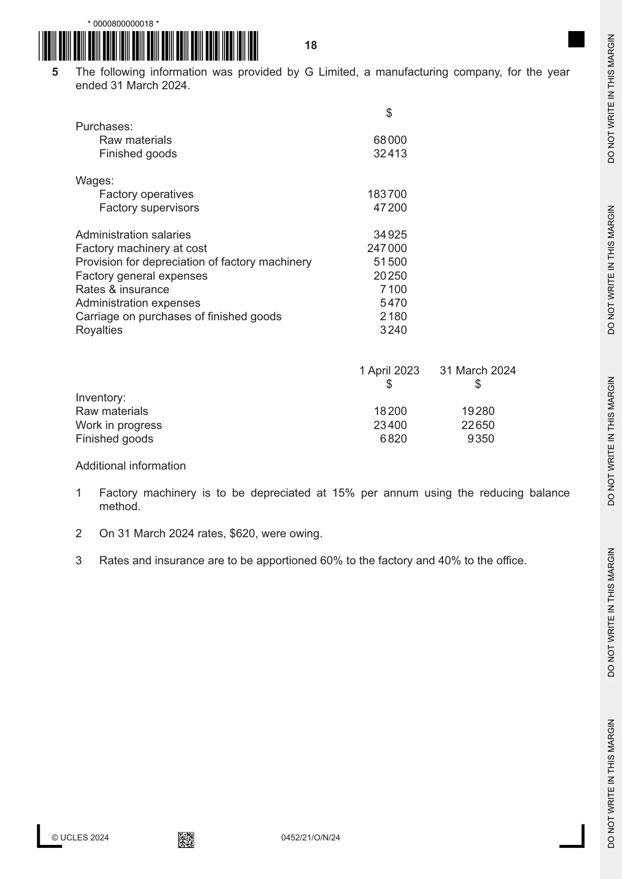 Cambridge IGCSE Accounting 0452 2024 Oct/Nov Paper 2 · Variant 1 question paper, page 18 of 24
