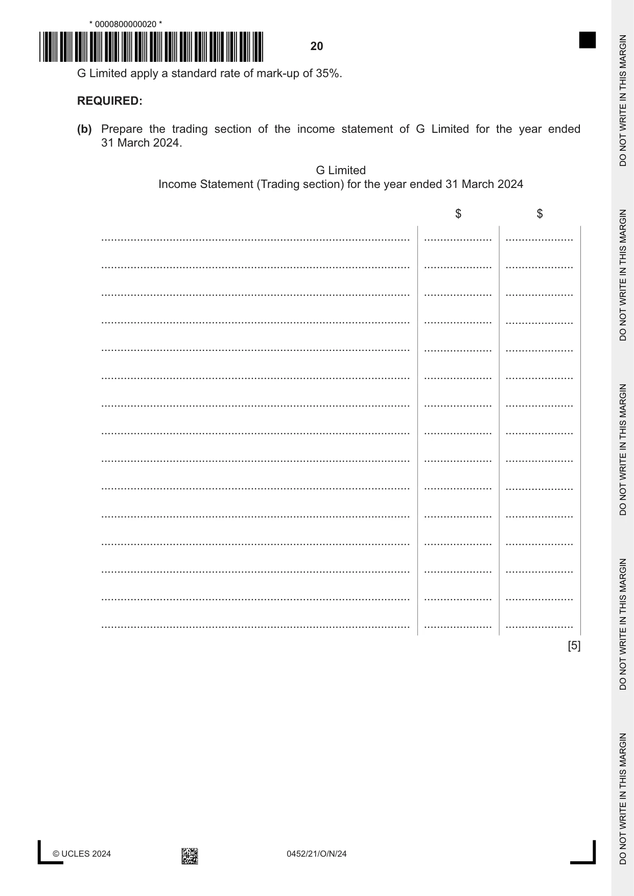 Cambridge IGCSE Accounting 0452 2024 Oct/Nov Paper 2 · Variant 1 question paper, page 20 of 24