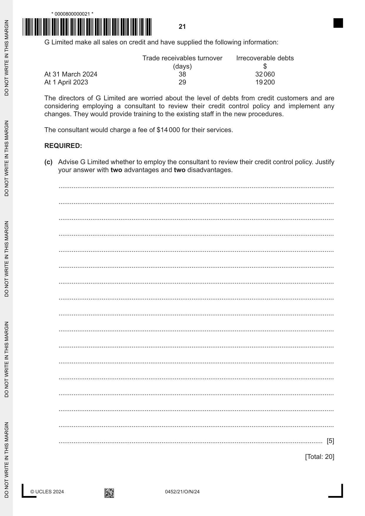 Cambridge IGCSE Accounting 0452 2024 Oct/Nov Paper 2 · Variant 1 question paper, page 21 of 24