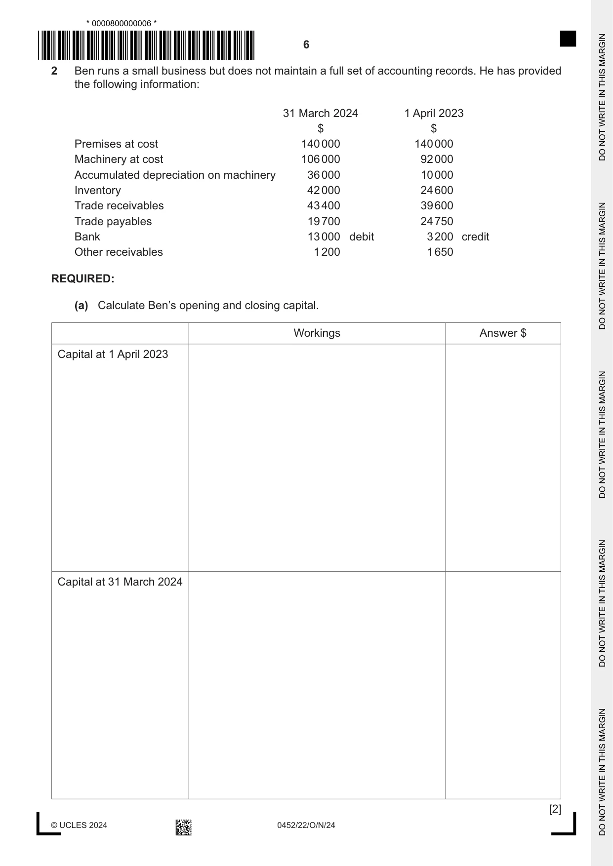 Cambridge IGCSE Accounting 0452 2024 Oct/Nov Paper 2 · Variant 2 question paper, page 6 of 24
