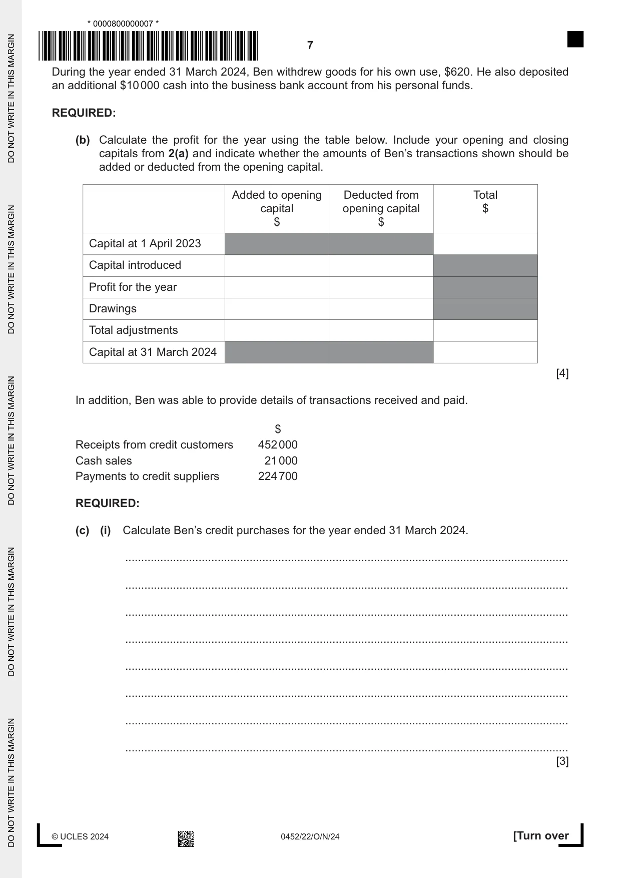 Cambridge IGCSE Accounting 0452 2024 Oct/Nov Paper 2 · Variant 2 question paper, page 7 of 24