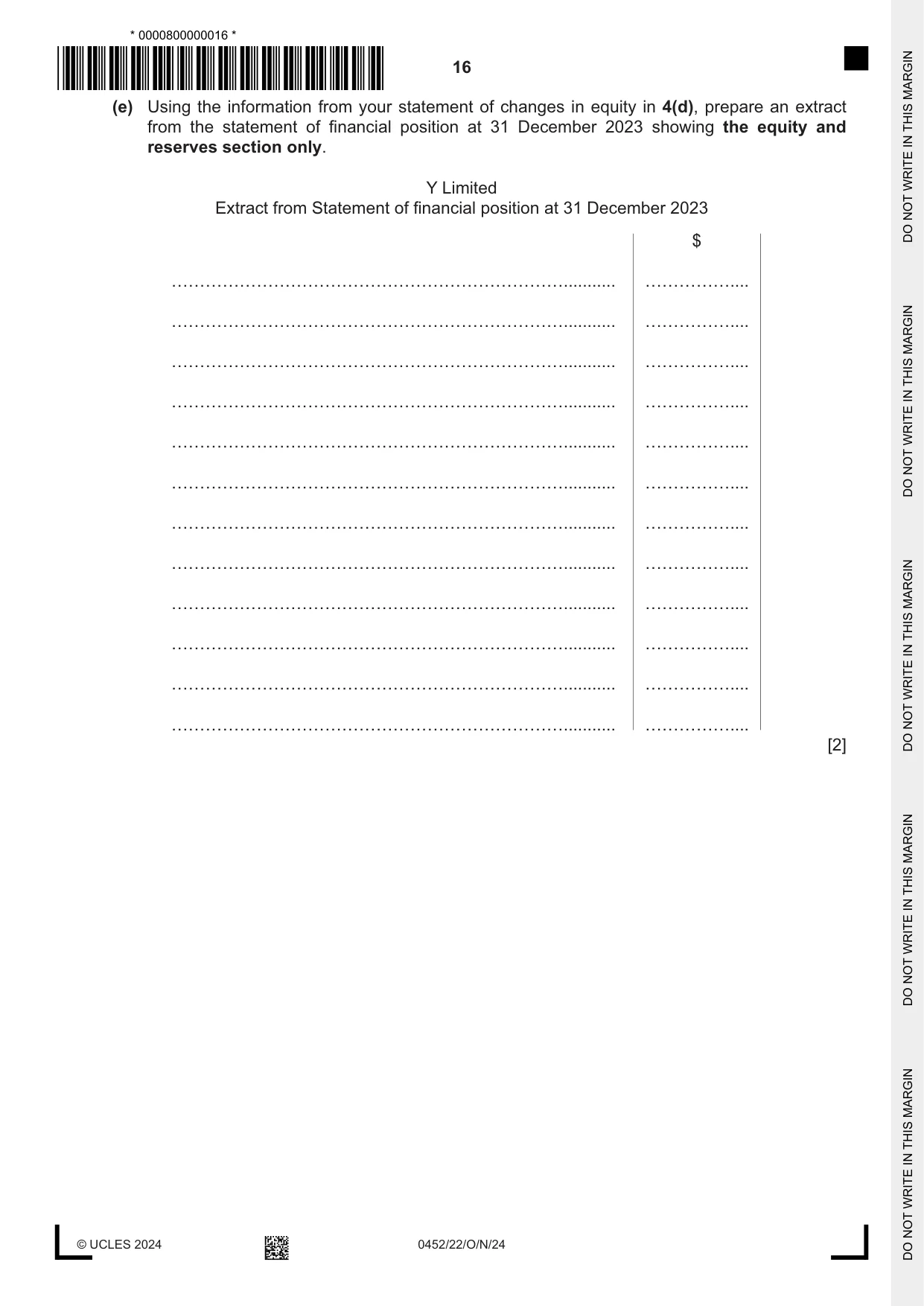 Cambridge IGCSE Accounting 0452 2024 Oct/Nov Paper 2 · Variant 2 question paper, page 16 of 24