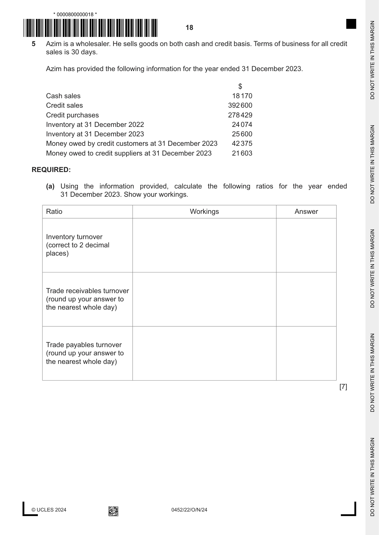 Cambridge IGCSE Accounting 0452 2024 Oct/Nov Paper 2 · Variant 2 question paper, page 18 of 24