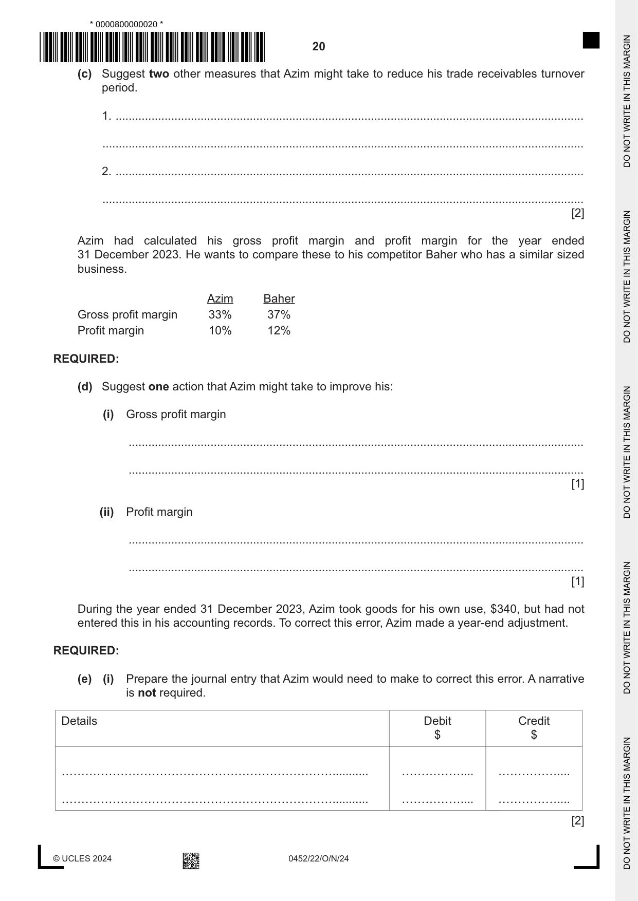 Cambridge IGCSE Accounting 0452 2024 Oct/Nov Paper 2 · Variant 2 question paper, page 20 of 24