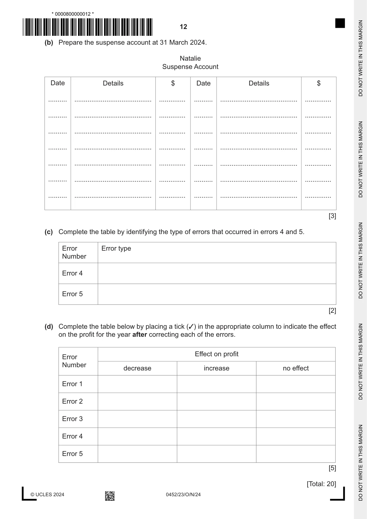 Cambridge IGCSE Accounting 0452 2024 Oct/Nov Paper 2 · Variant 3 question paper, page 12 of 24