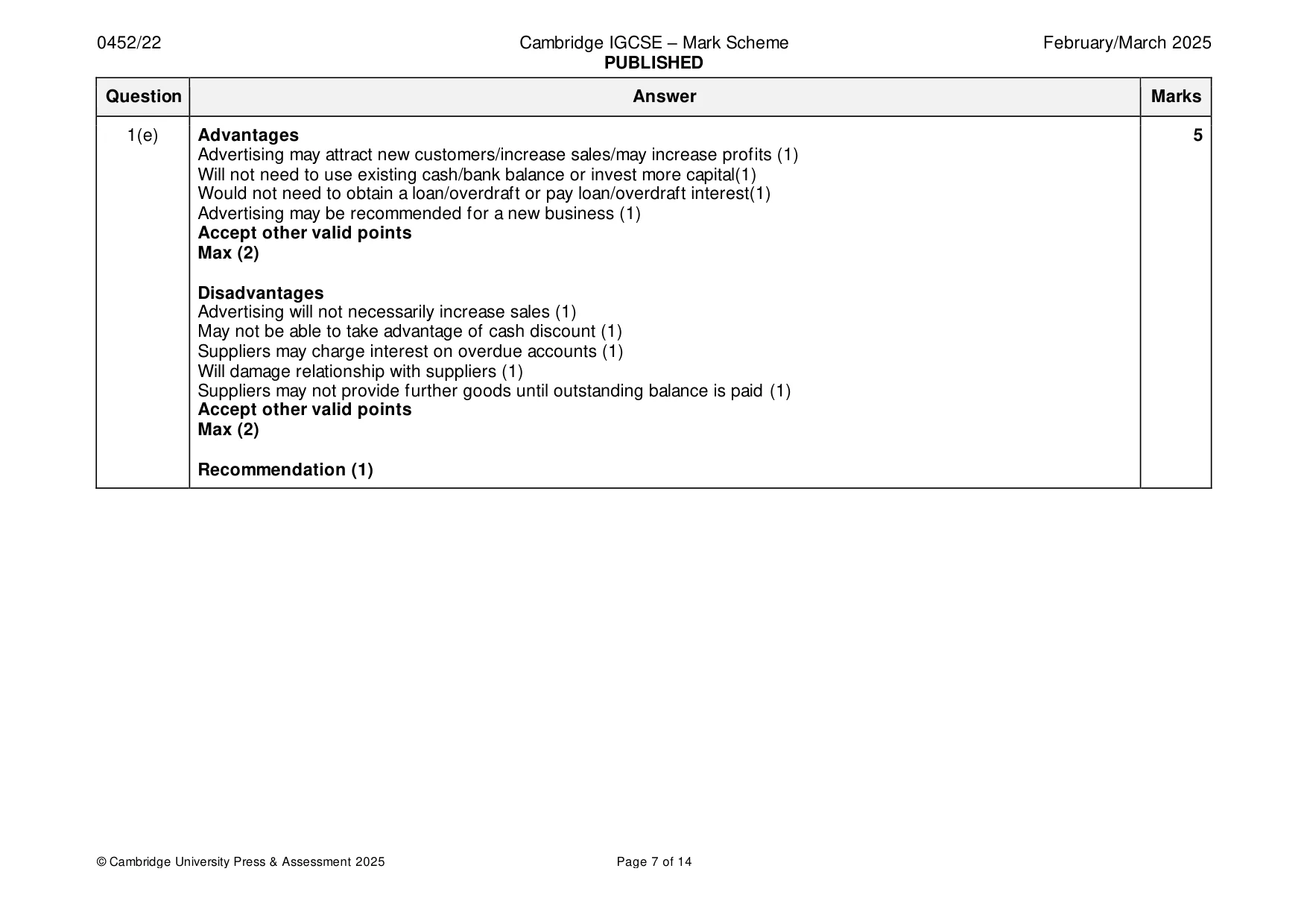 Mark scheme, page 7 of 14