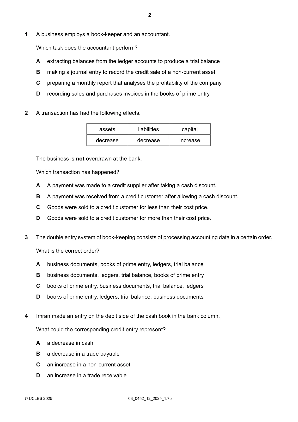 Cambridge IGCSE Accounting 0452 2025 Feb/March Paper 1 · Variant 2 question paper, page 2 of 12