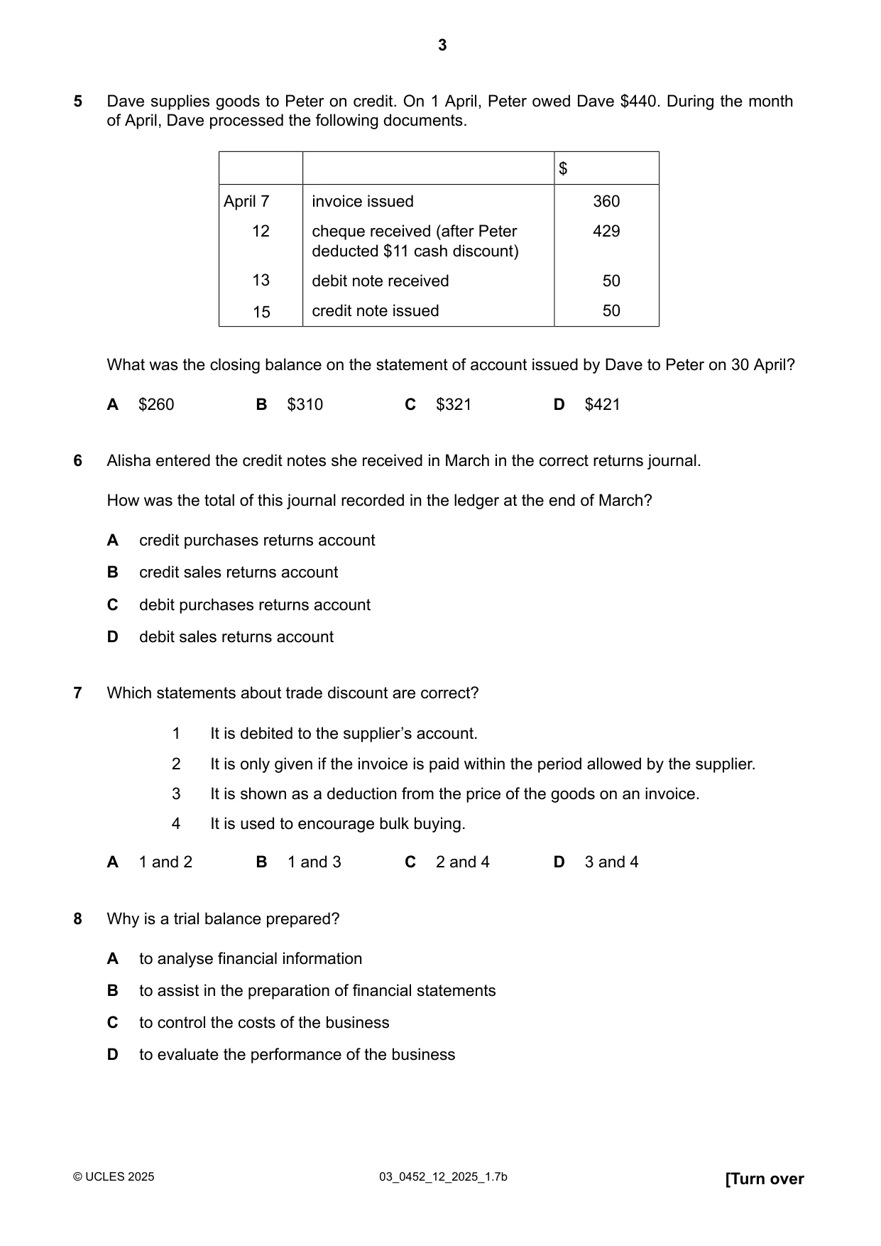 Cambridge IGCSE Accounting 0452 2025 Feb/March Paper 1 · Variant 2 question paper, page 3 of 12