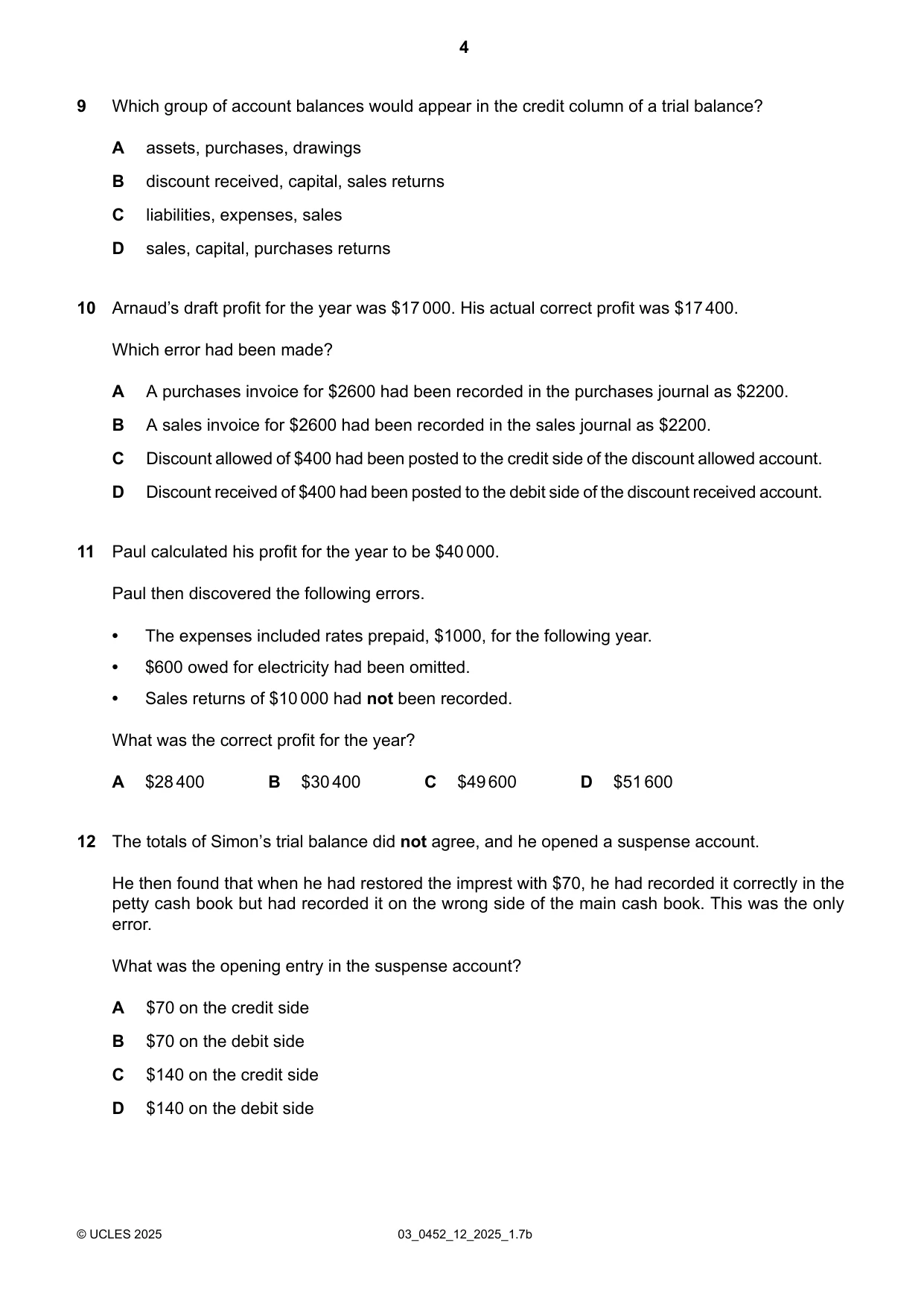 Cambridge IGCSE Accounting 0452 2025 Feb/March Paper 1 · Variant 2 question paper, page 4 of 12