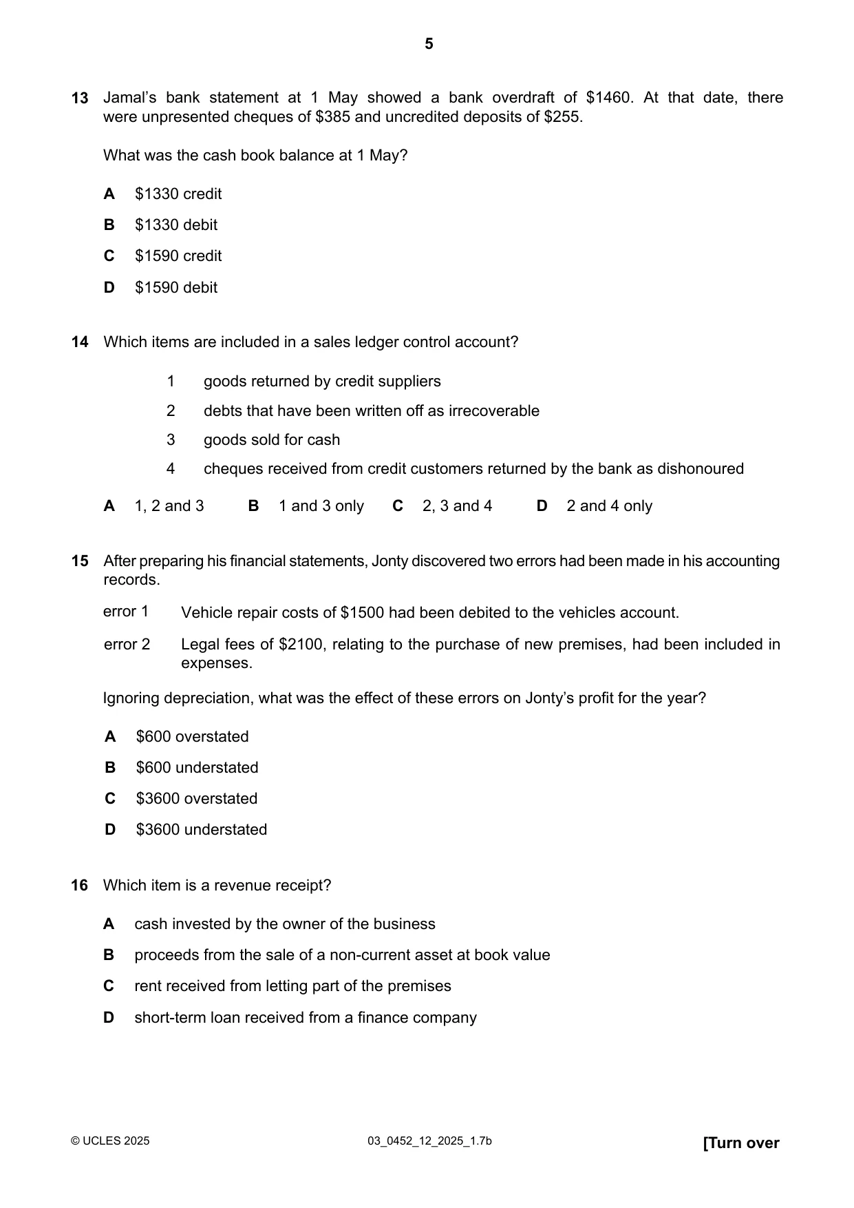 Cambridge IGCSE Accounting 0452 2025 Feb/March Paper 1 · Variant 2 question paper, page 5 of 12