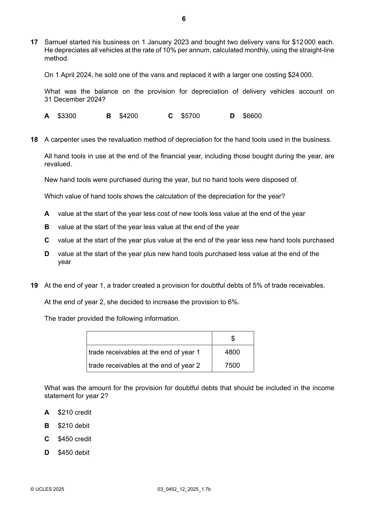 Cambridge IGCSE Accounting 0452 2025 Feb/March Paper 1 · Variant 2 question paper, page 6 of 12