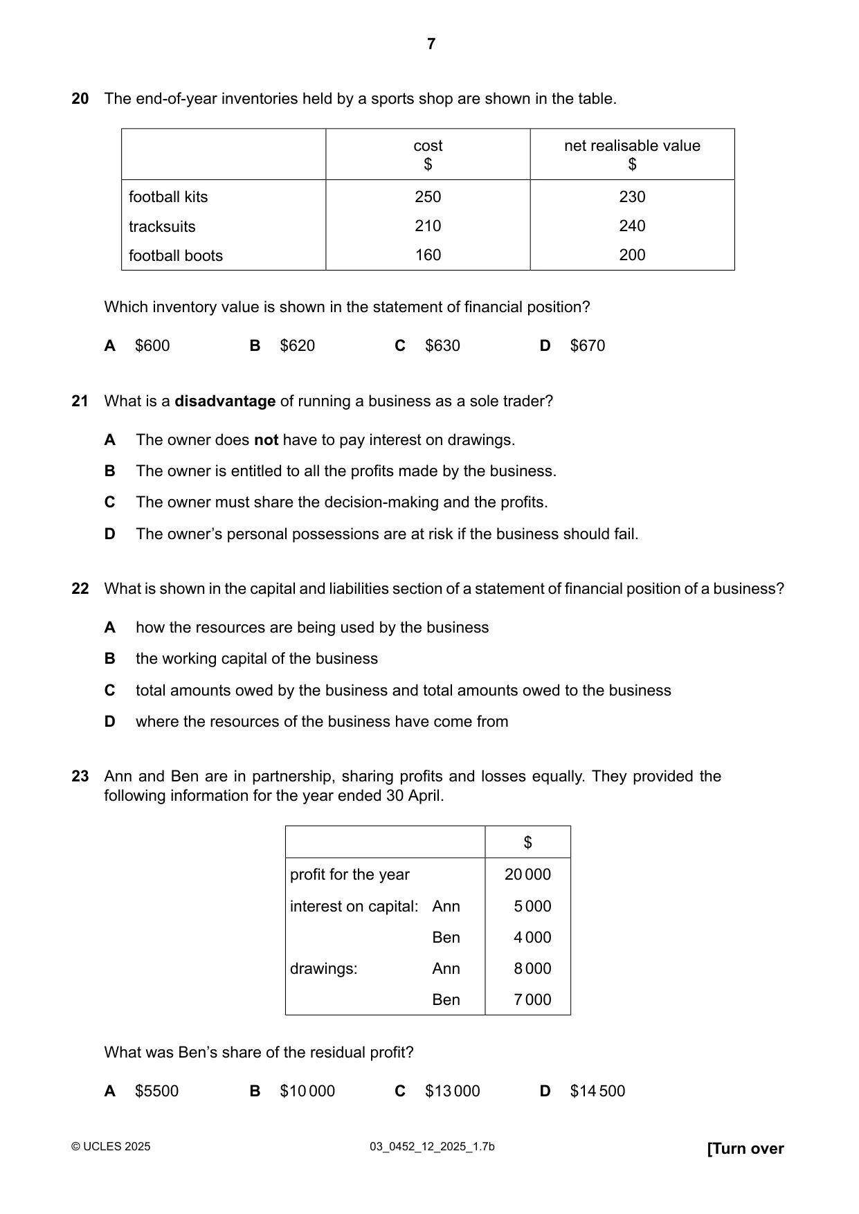 Cambridge IGCSE Accounting 0452 2025 Feb/March Paper 1 · Variant 2 question paper, page 7 of 12