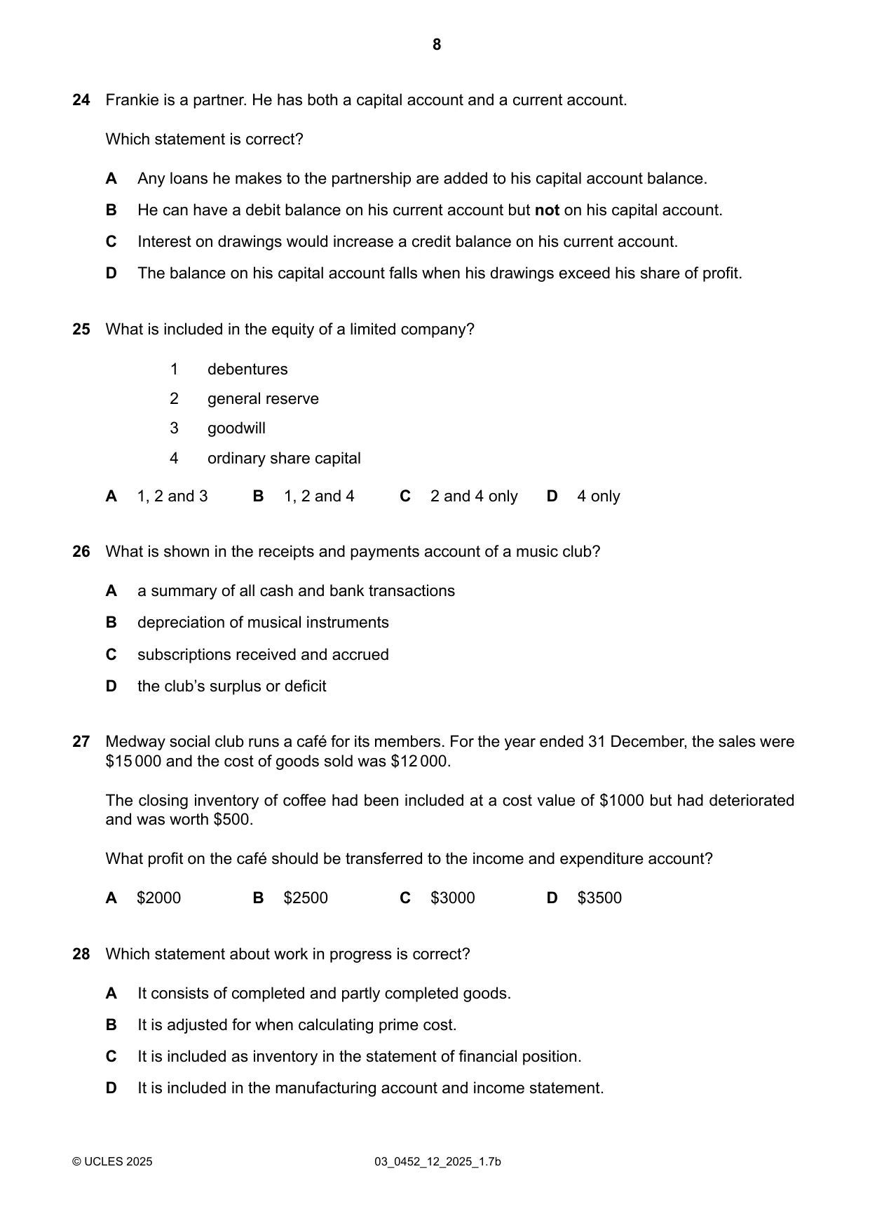 Cambridge IGCSE Accounting 0452 2025 Feb/March Paper 1 · Variant 2 question paper, page 8 of 12