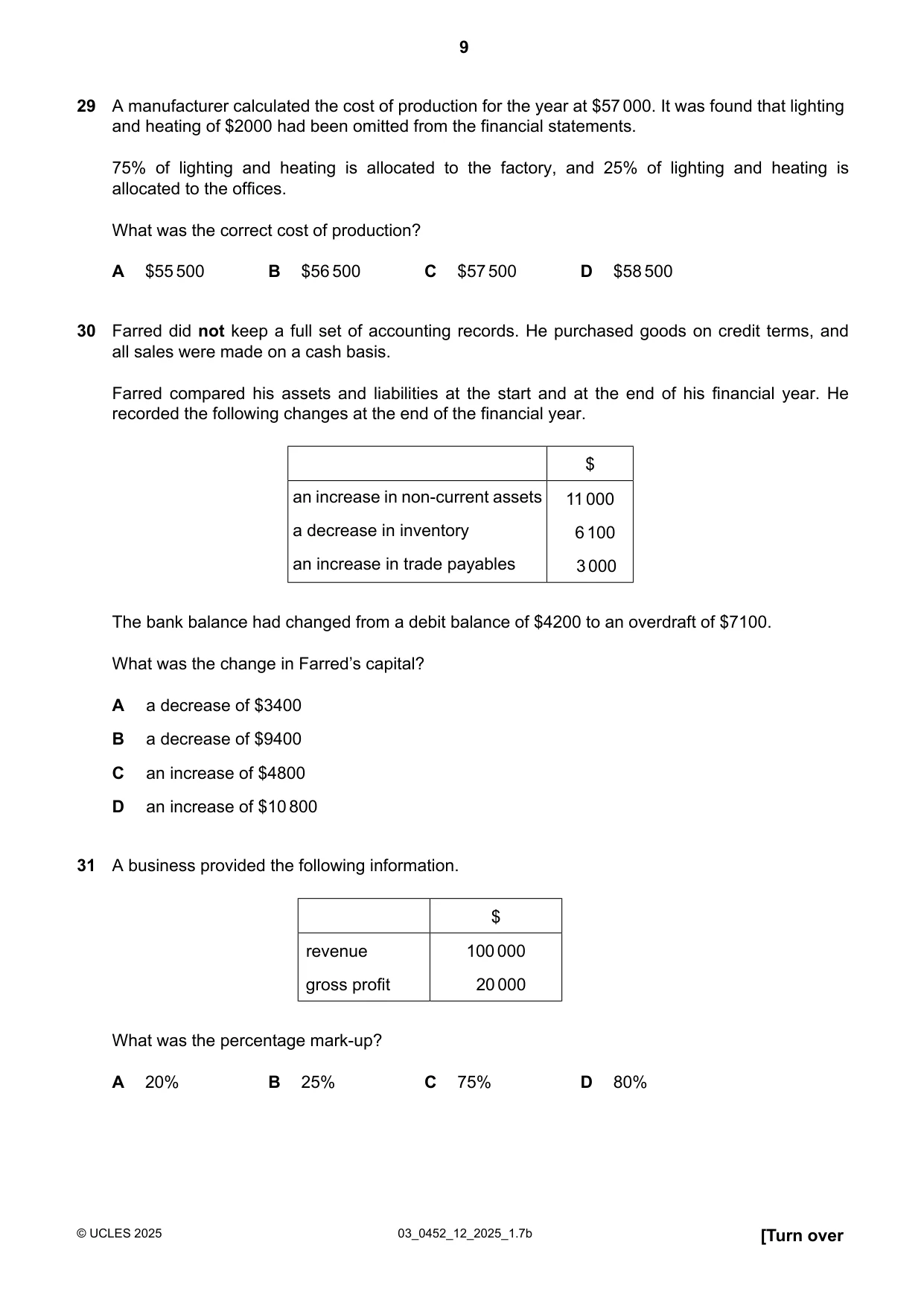 Cambridge IGCSE Accounting 0452 2025 Feb/March Paper 1 · Variant 2 question paper, page 9 of 12