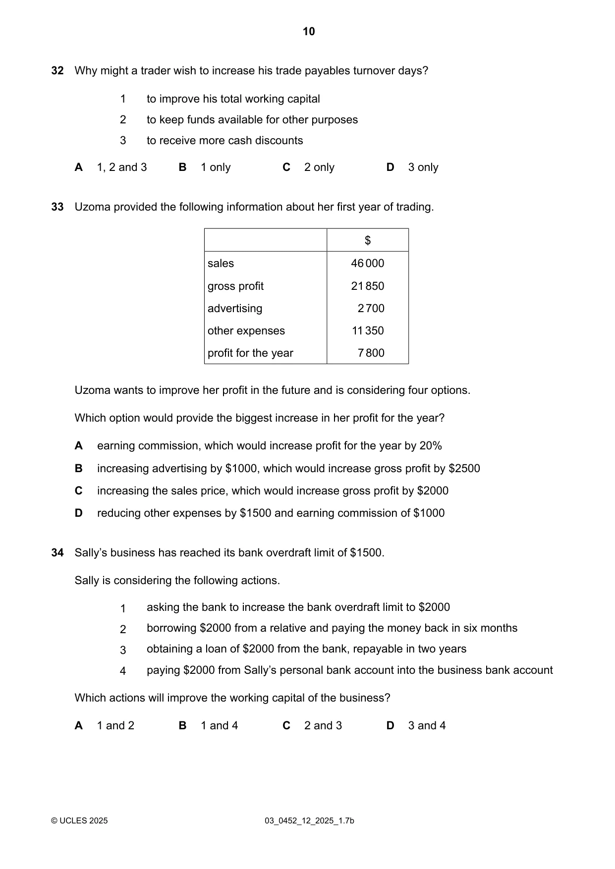 Cambridge IGCSE Accounting 0452 2025 Feb/March Paper 1 · Variant 2 question paper, page 10 of 12