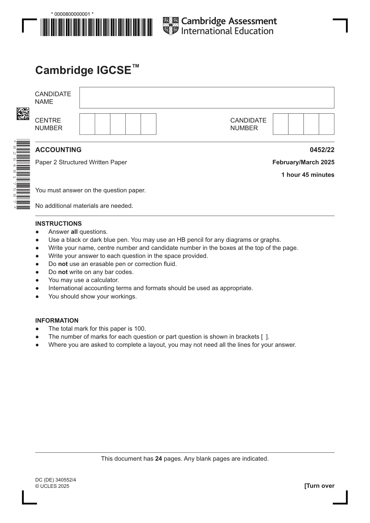 Cambridge IGCSE Accounting 0452 2025 Feb/March Paper 2 · Variant 2 question paper, page 1 of 24