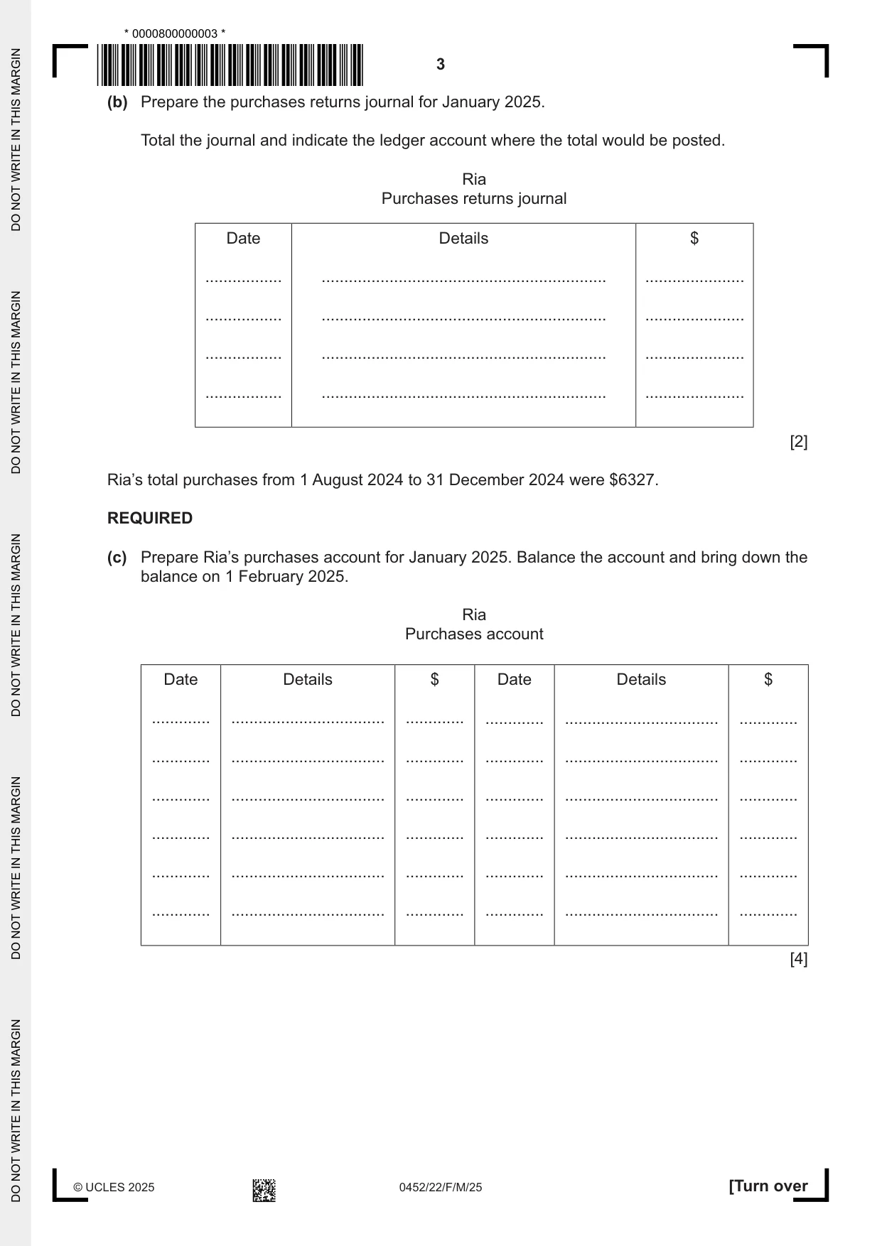 Cambridge IGCSE Accounting 0452 2025 Feb/March Paper 2 · Variant 2 question paper, page 3 of 24
