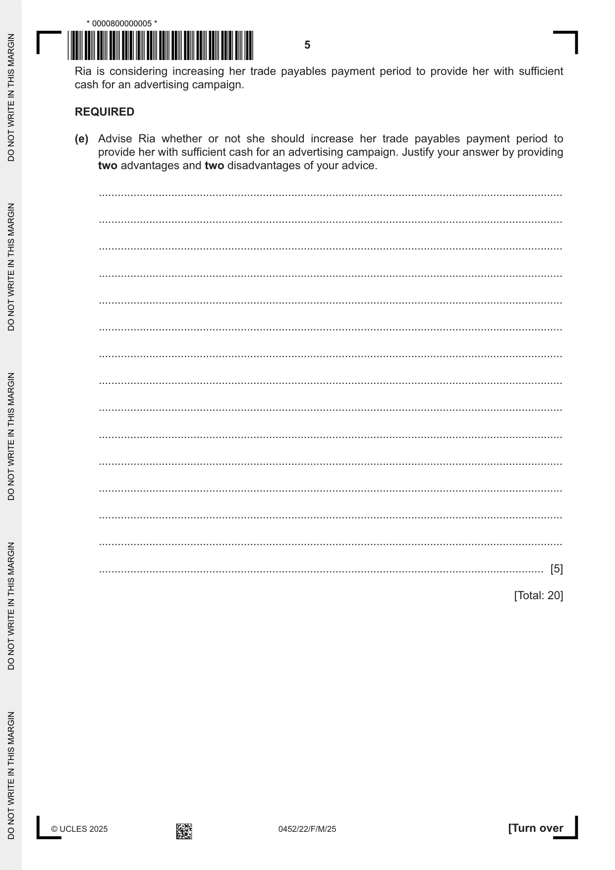 Cambridge IGCSE Accounting 0452 2025 Feb/March Paper 2 · Variant 2 question paper, page 5 of 24