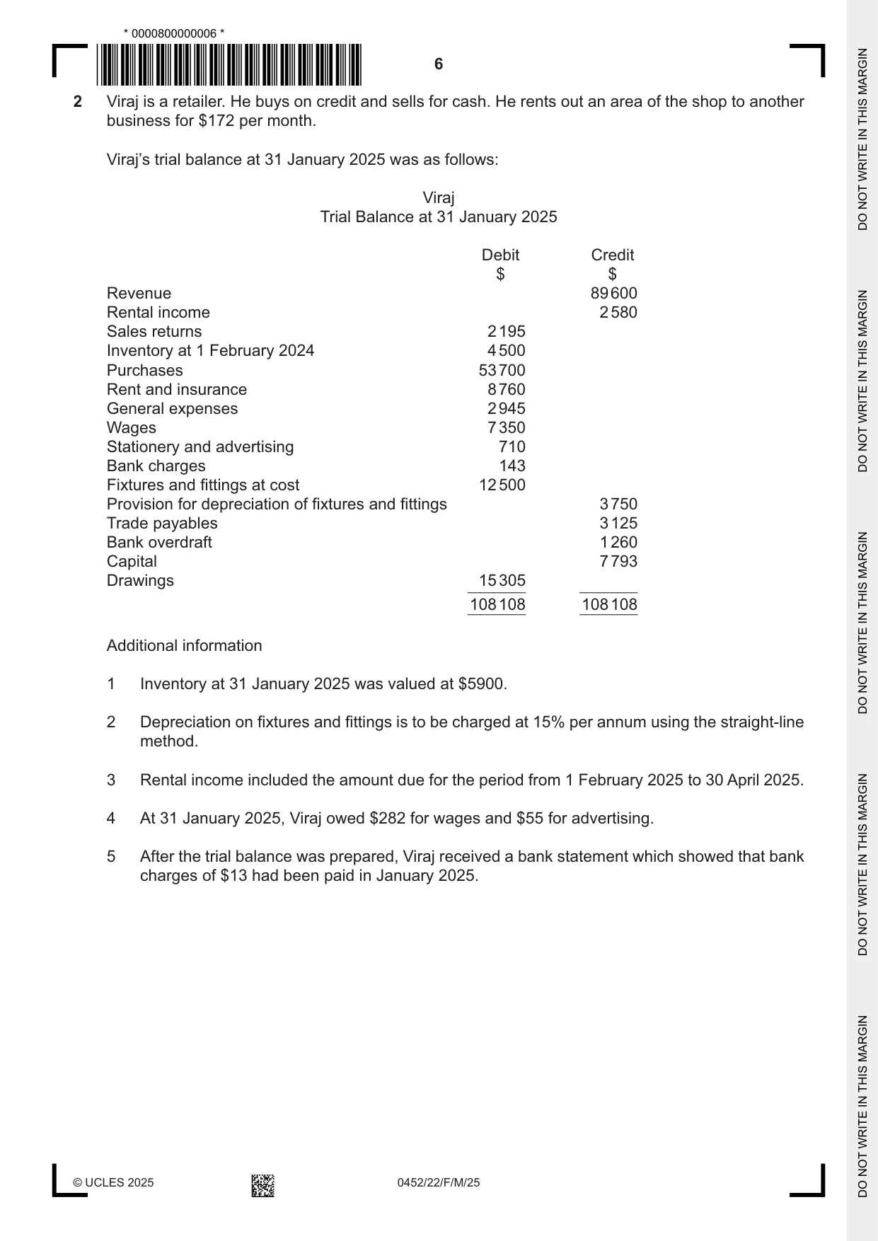 Cambridge IGCSE Accounting 0452 2025 Feb/March Paper 2 · Variant 2 question paper, page 6 of 24