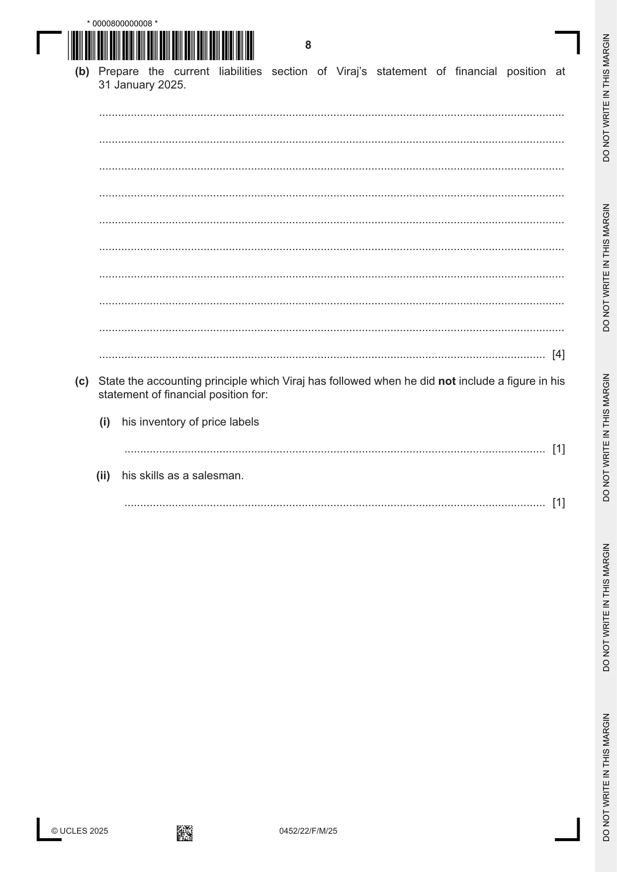 Cambridge IGCSE Accounting 0452 2025 Feb/March Paper 2 · Variant 2 question paper, page 8 of 24