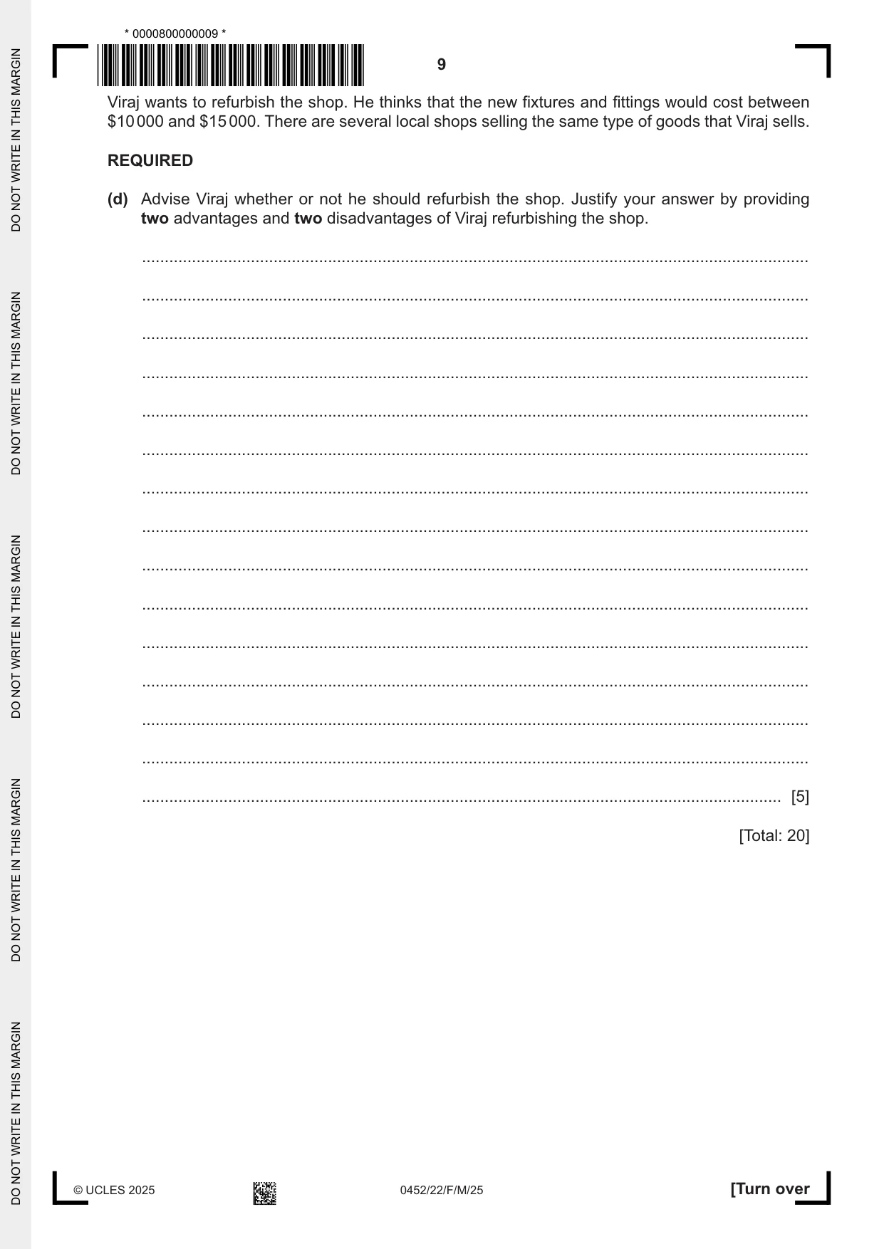 Cambridge IGCSE Accounting 0452 2025 Feb/March Paper 2 · Variant 2 question paper, page 9 of 24