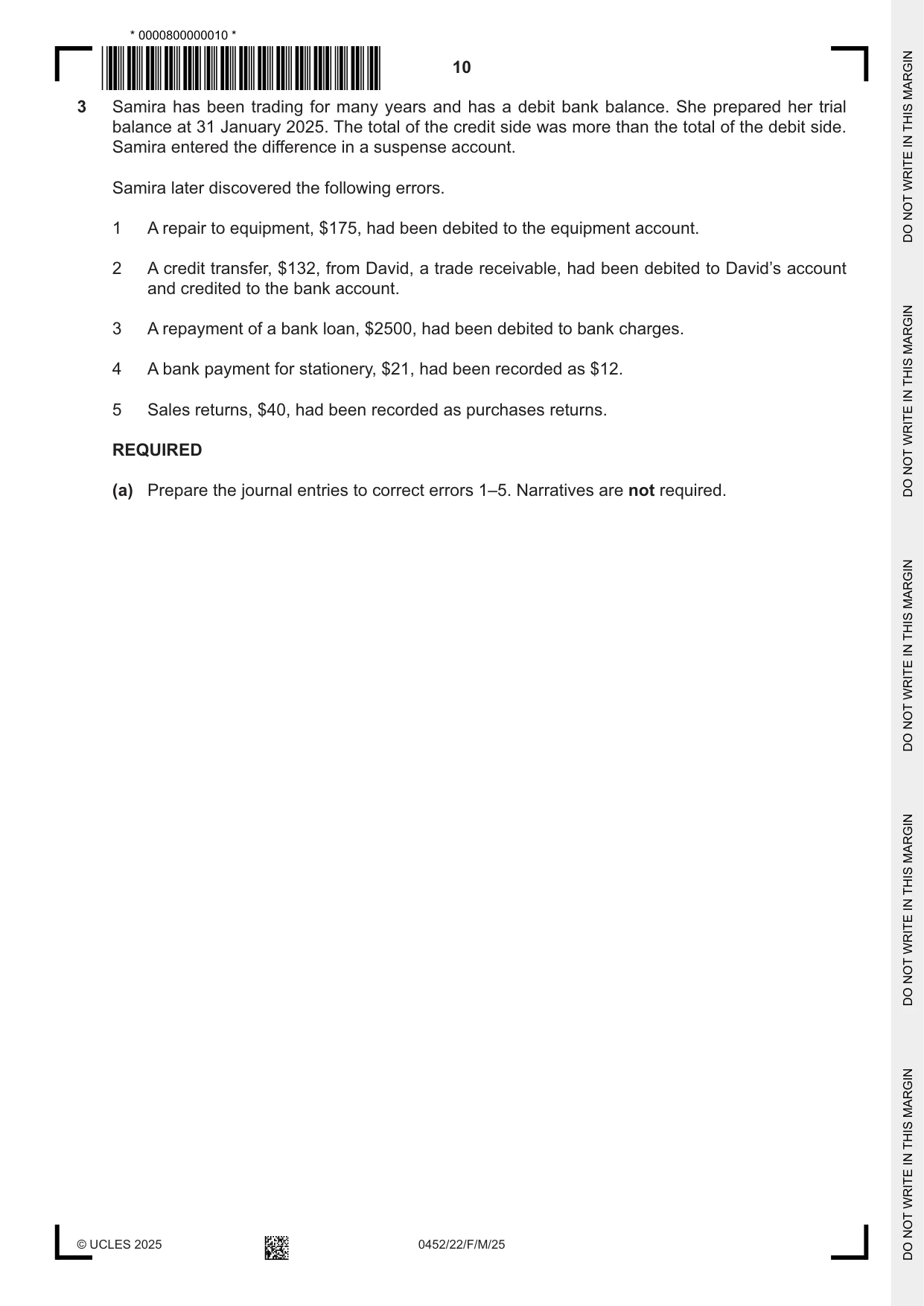 Cambridge IGCSE Accounting 0452 2025 Feb/March Paper 2 · Variant 2 question paper, page 10 of 24