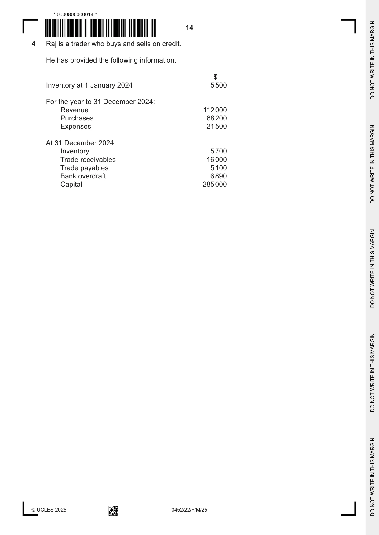 Cambridge IGCSE Accounting 0452 2025 Feb/March Paper 2 · Variant 2 question paper, page 14 of 24