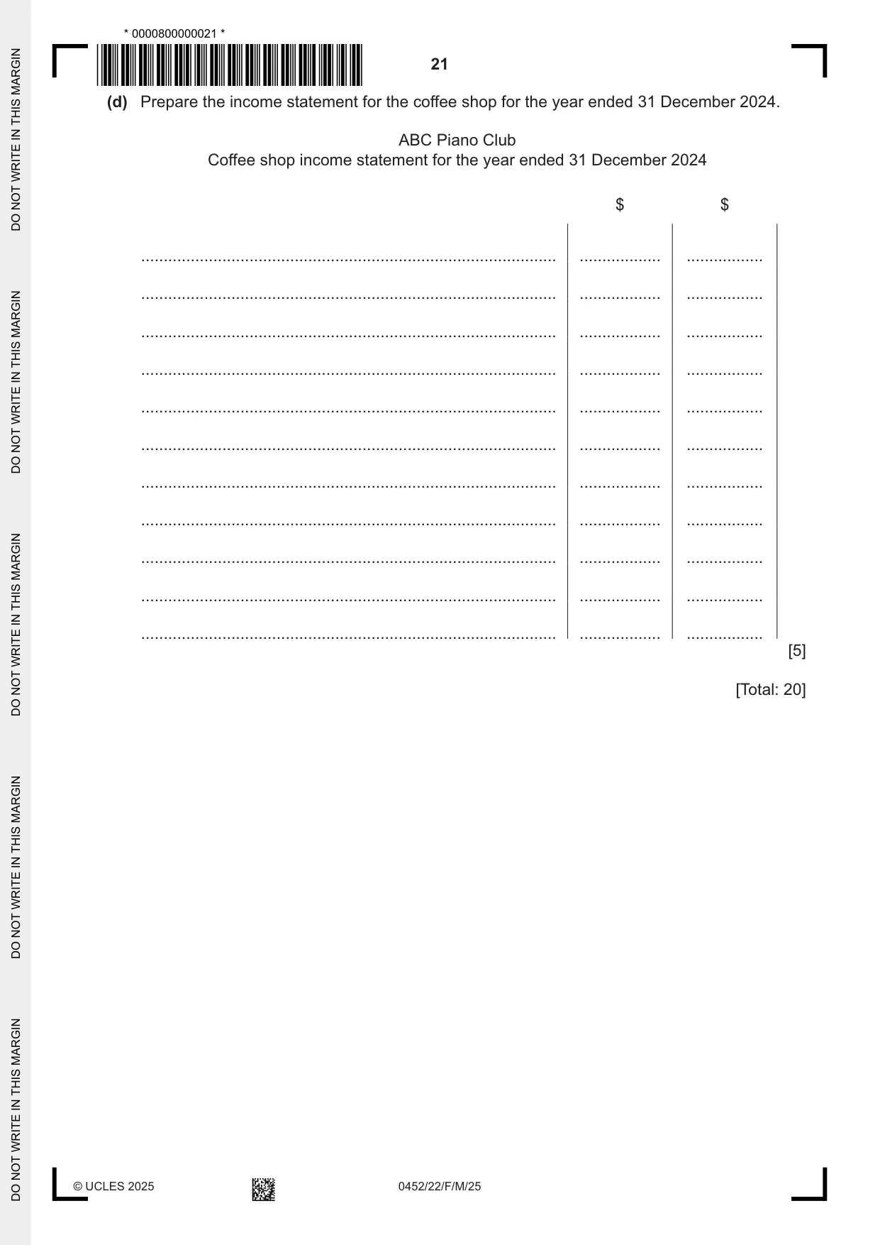 Cambridge IGCSE Accounting 0452 2025 Feb/March Paper 2 · Variant 2 question paper, page 21 of 24