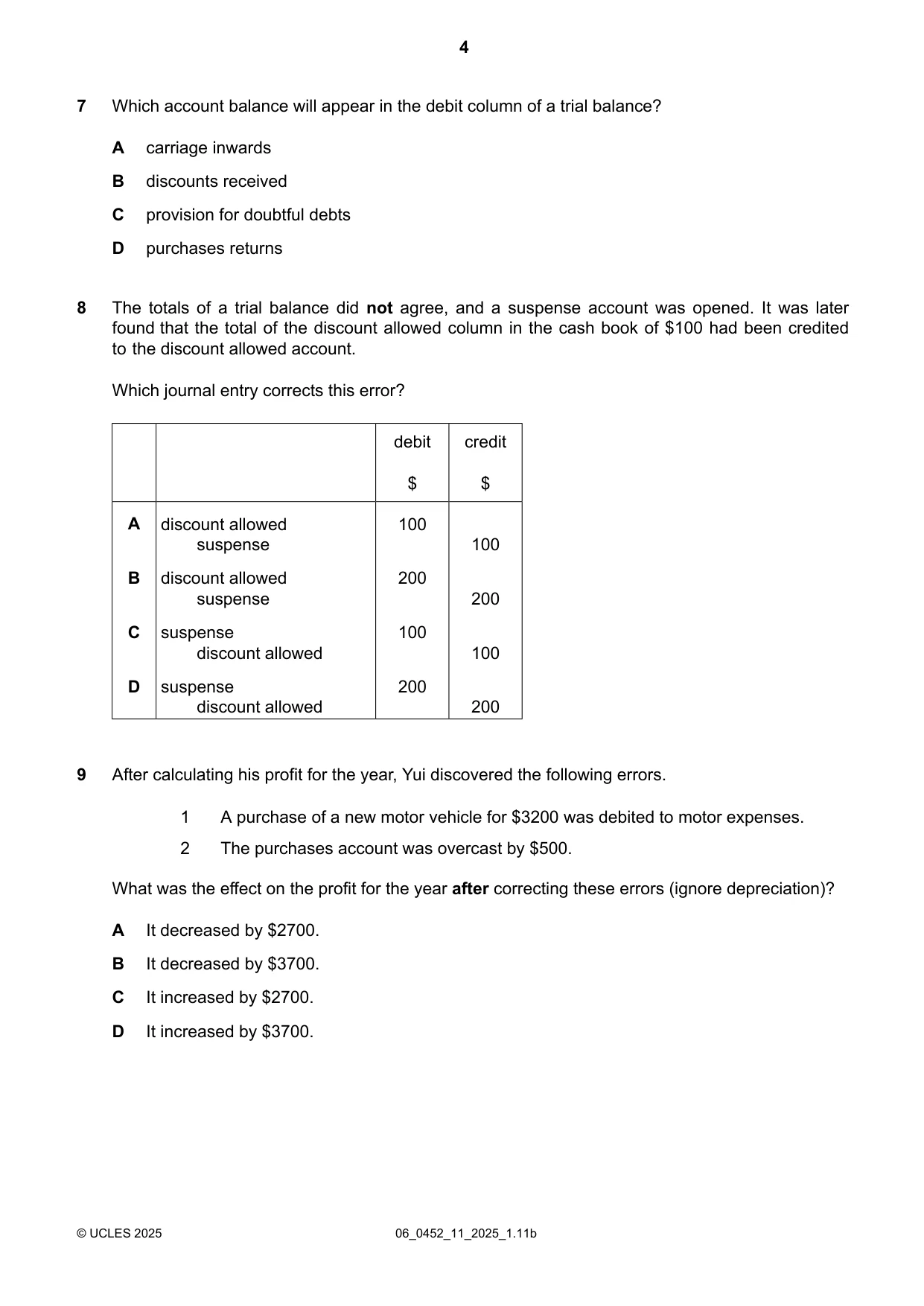 Cambridge IGCSE Accounting 0452 2025 May/June Paper 1 · Variant 1 question paper, page 4 of 16