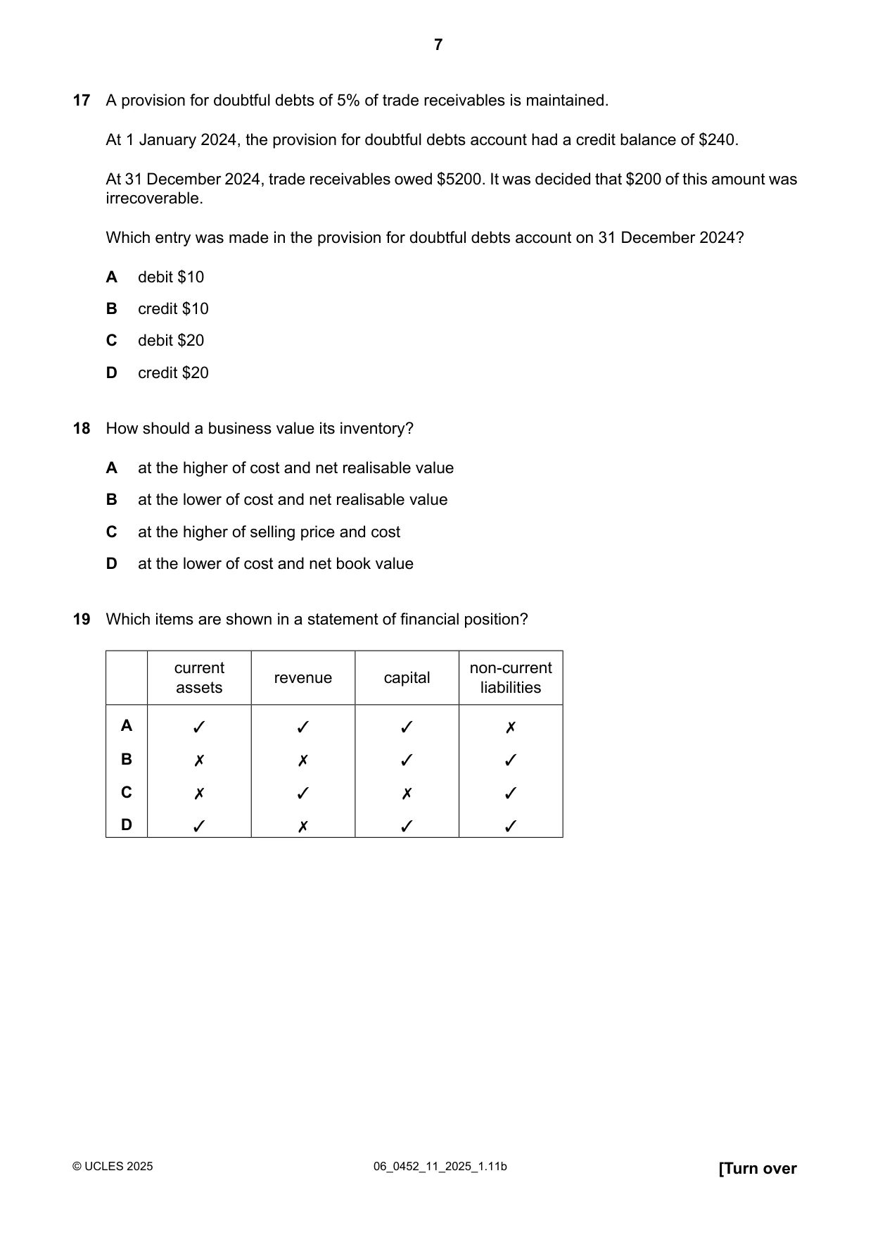 Cambridge IGCSE Accounting 0452 2025 May/June Paper 1 · Variant 1 question paper, page 7 of 16