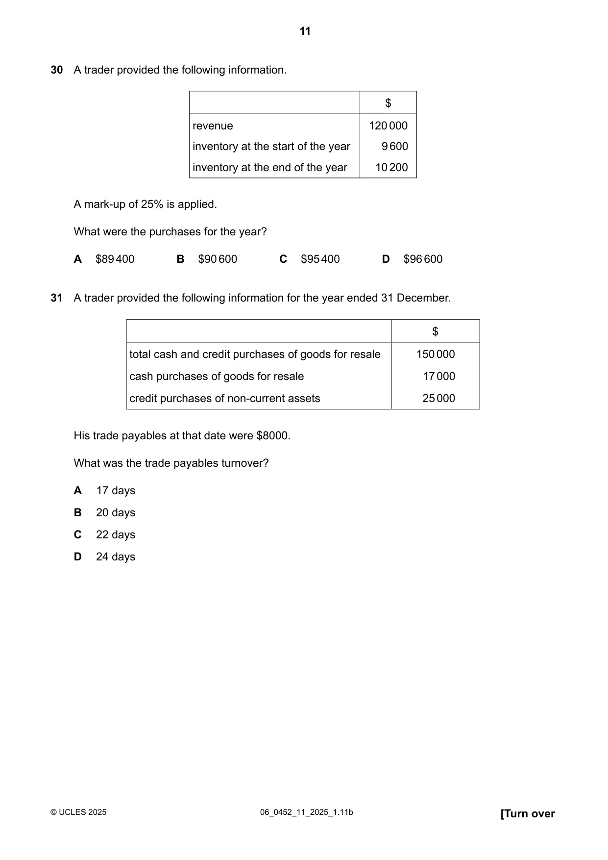 Cambridge IGCSE Accounting 0452 2025 May/June Paper 1 · Variant 1 question paper, page 11 of 16