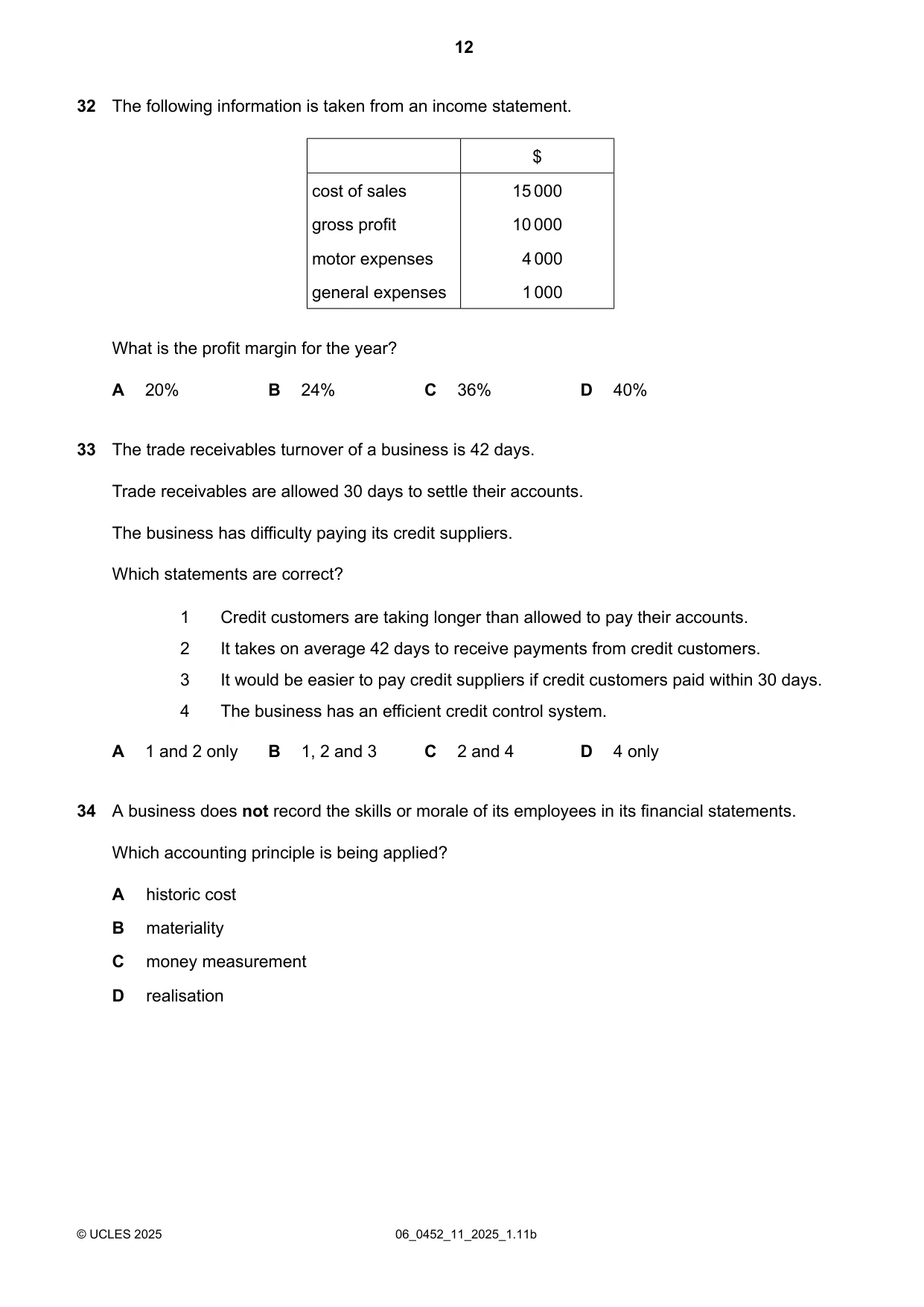 Cambridge IGCSE Accounting 0452 2025 May/June Paper 1 · Variant 1 question paper, page 12 of 16