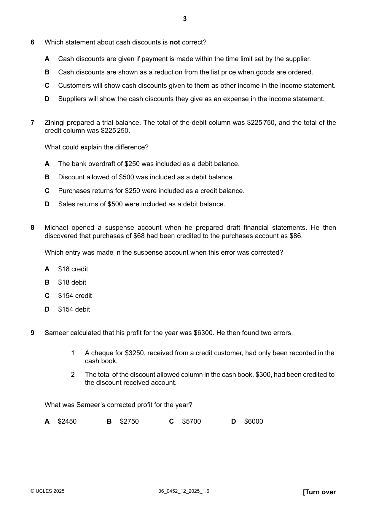 Cambridge IGCSE Accounting 0452 2025 May/June Paper 1 · Variant 2 question paper, page 3 of 12