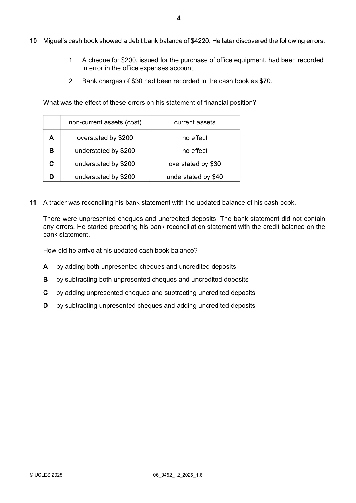 Cambridge IGCSE Accounting 0452 2025 May/June Paper 1 · Variant 2 question paper, page 4 of 12