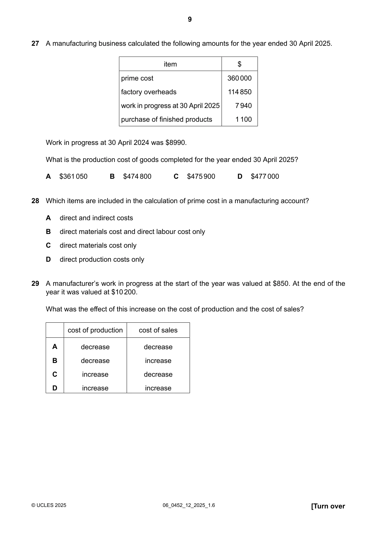 Cambridge IGCSE Accounting 0452 2025 May/June Paper 1 · Variant 2 question paper, page 9 of 12