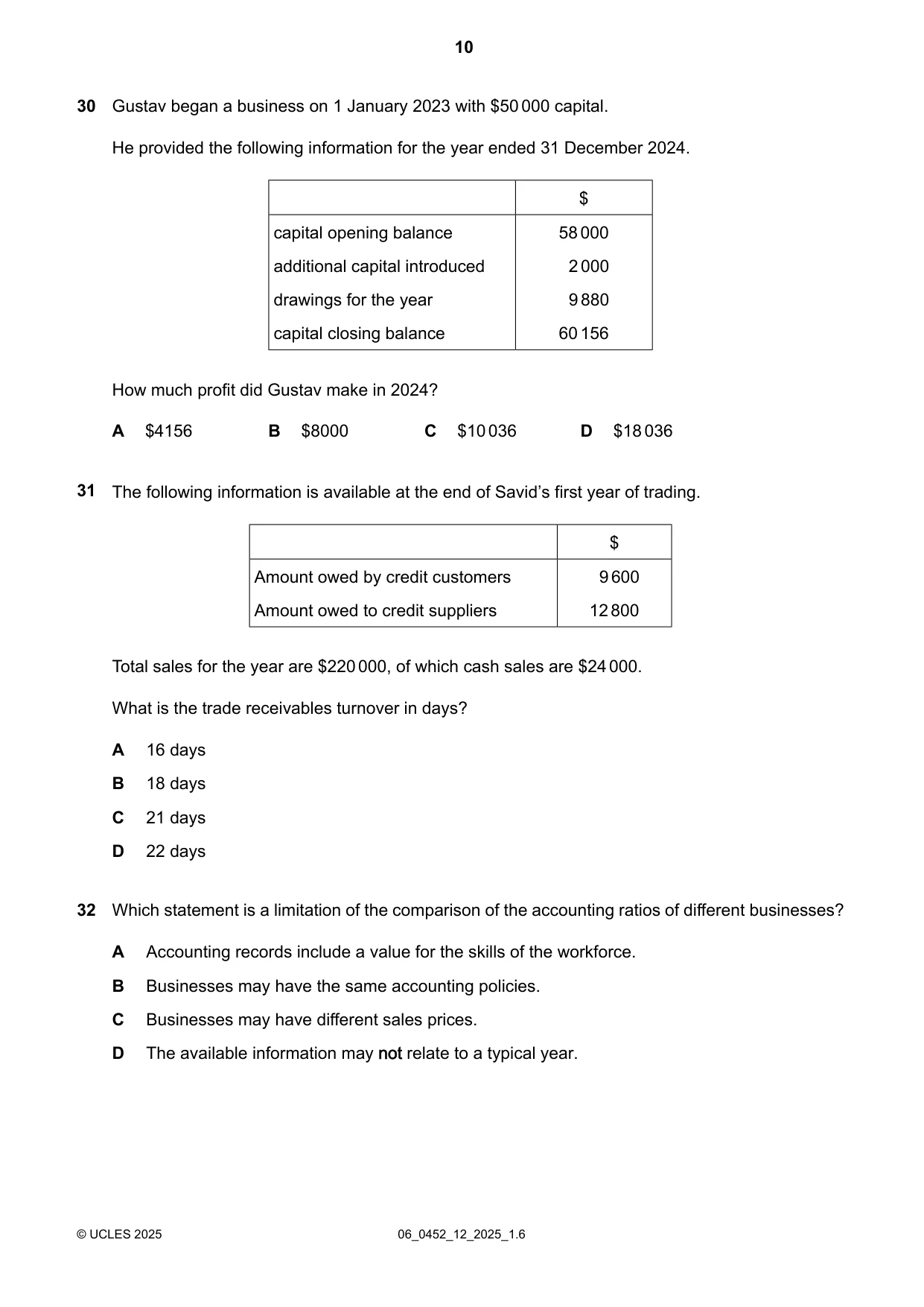 Cambridge IGCSE Accounting 0452 2025 May/June Paper 1 · Variant 2 question paper, page 10 of 12