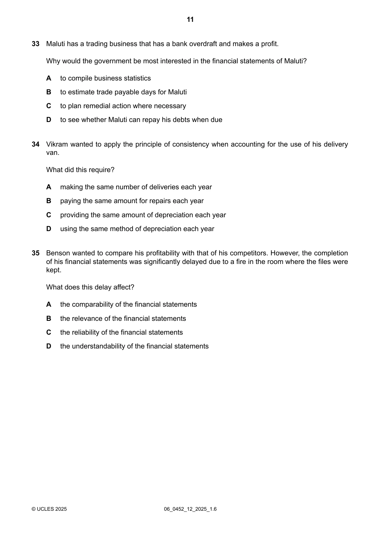 Cambridge IGCSE Accounting 0452 2025 May/June Paper 1 · Variant 2 question paper, page 11 of 12